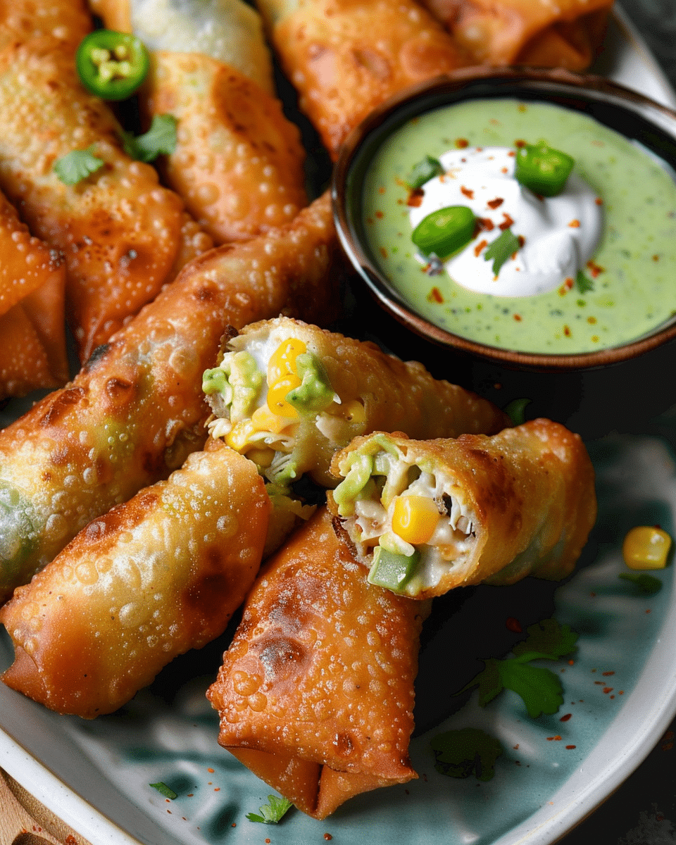 Crispy And Cheesy Elote Egg Rolls With Avocado Sauce