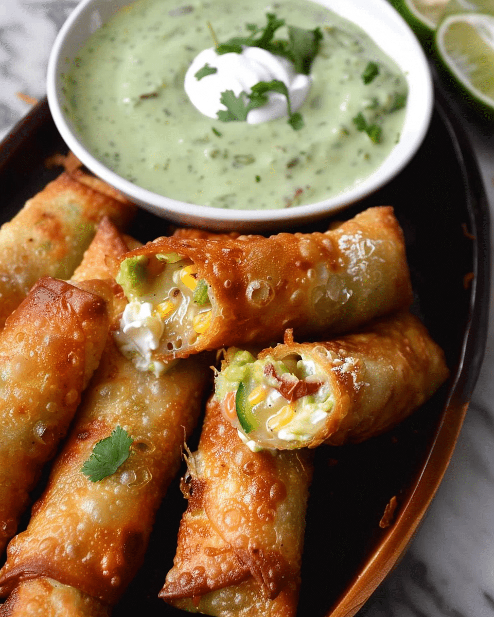 Crispy And Cheesy Elote Egg Rolls With Avocado Sauce