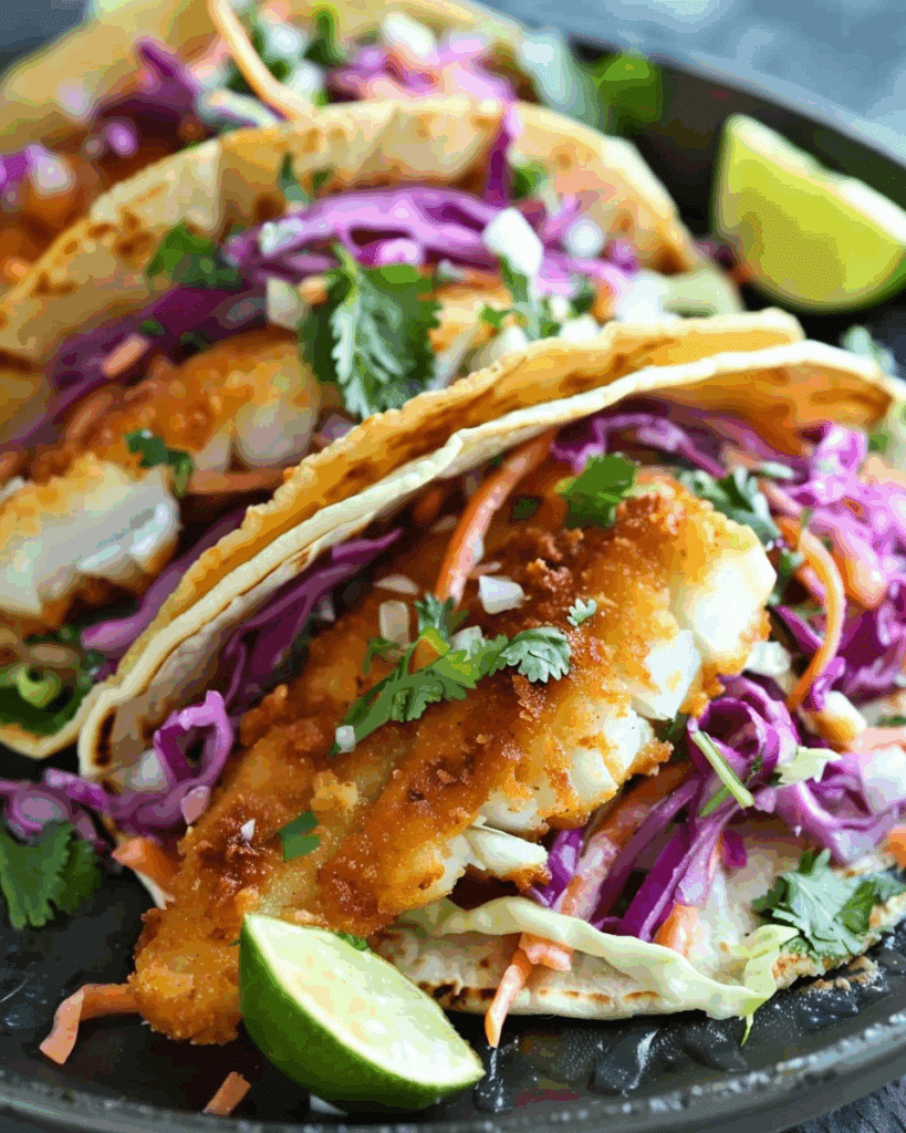 Crispy Fish Tacos with Cilantro Lime Slaw