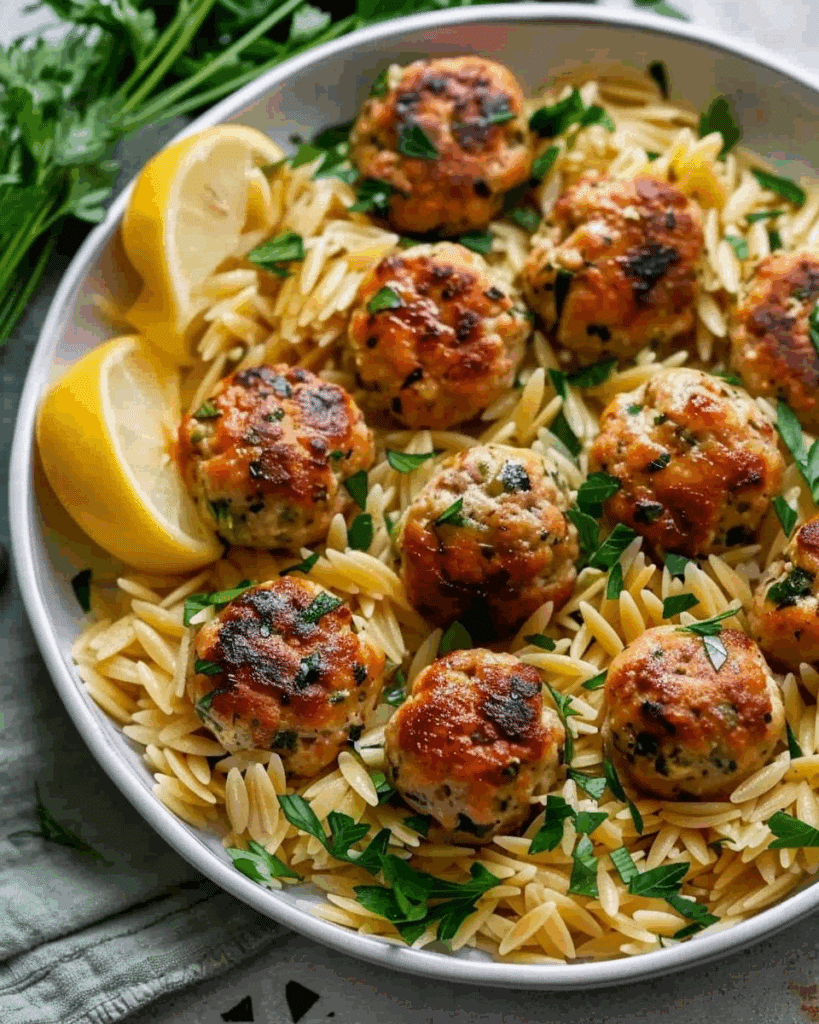 Greek Chicken Meatballs with Lemon Orzo