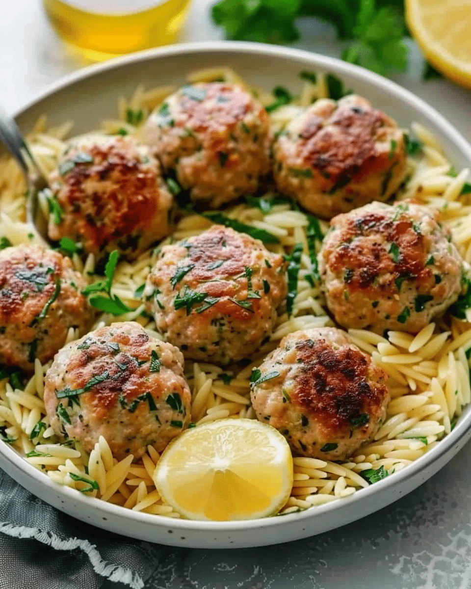 Greek Chicken Meatballs with Lemon Orzo
