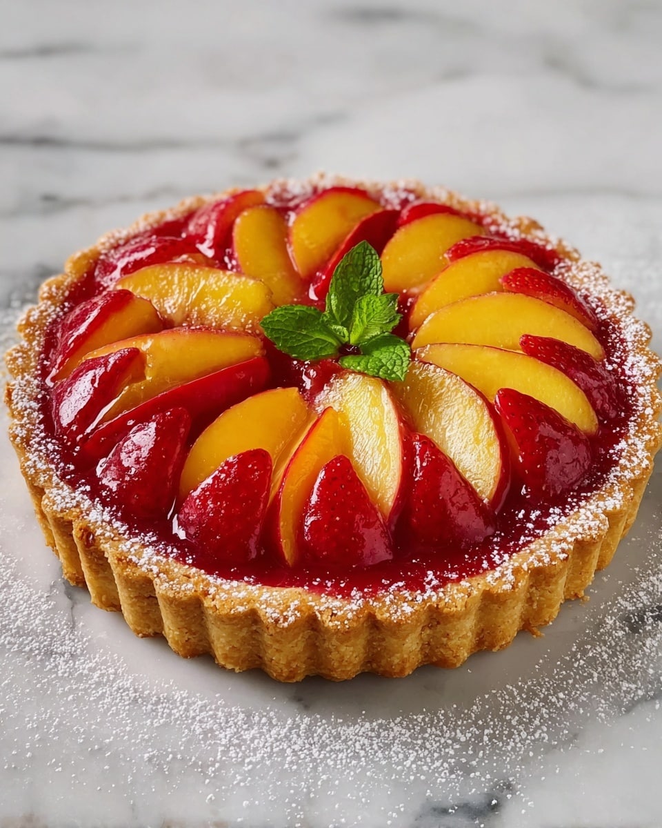 The image shows a collection of ingredients arranged neatly on a white marbled surface. There is a clear glass bowl filled with bright red, chopped strawberries in the lower left. To the right of the bowl, four whole nectarines with smooth reddish-yellow skin sit close together. Above the bowl and fruit, there is a white bowl filled with a mound of white sugar. To the right of the sugar, a small black bowl holds two separate powders, one white and one brown, side by side. Above these, a small clear measuring cup contains a light yellow liquid, and next to it, a tiny clear bowl holds a dark amber liquid. The setup is simple and clean, highlighting the fresh ingredients photo taken with an iphone --ar 4:5 --v 7