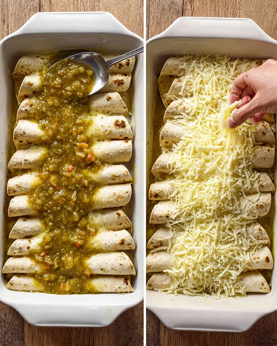 The image shows two views of a white baking dish filled with rolled tortillas lined up side by side in two rows. The tortillas are light tan with slight charring marks, covering the bottom of the dish fully. In the left view, a spoon is pouring chunky green sauce with bits of vegetables over the tortillas, pooling around and partially soaking into them. In the right view, a woman's hand is sprinkling shredded pale yellow cheese over the same green sauce-coated tortillas, creating a thick layer of cheese that runs down the center length of the dish, leaving some tortilla edges visible. The dish is set on a wooden surface. photo taken with an iphone --ar 4:5 --v 7