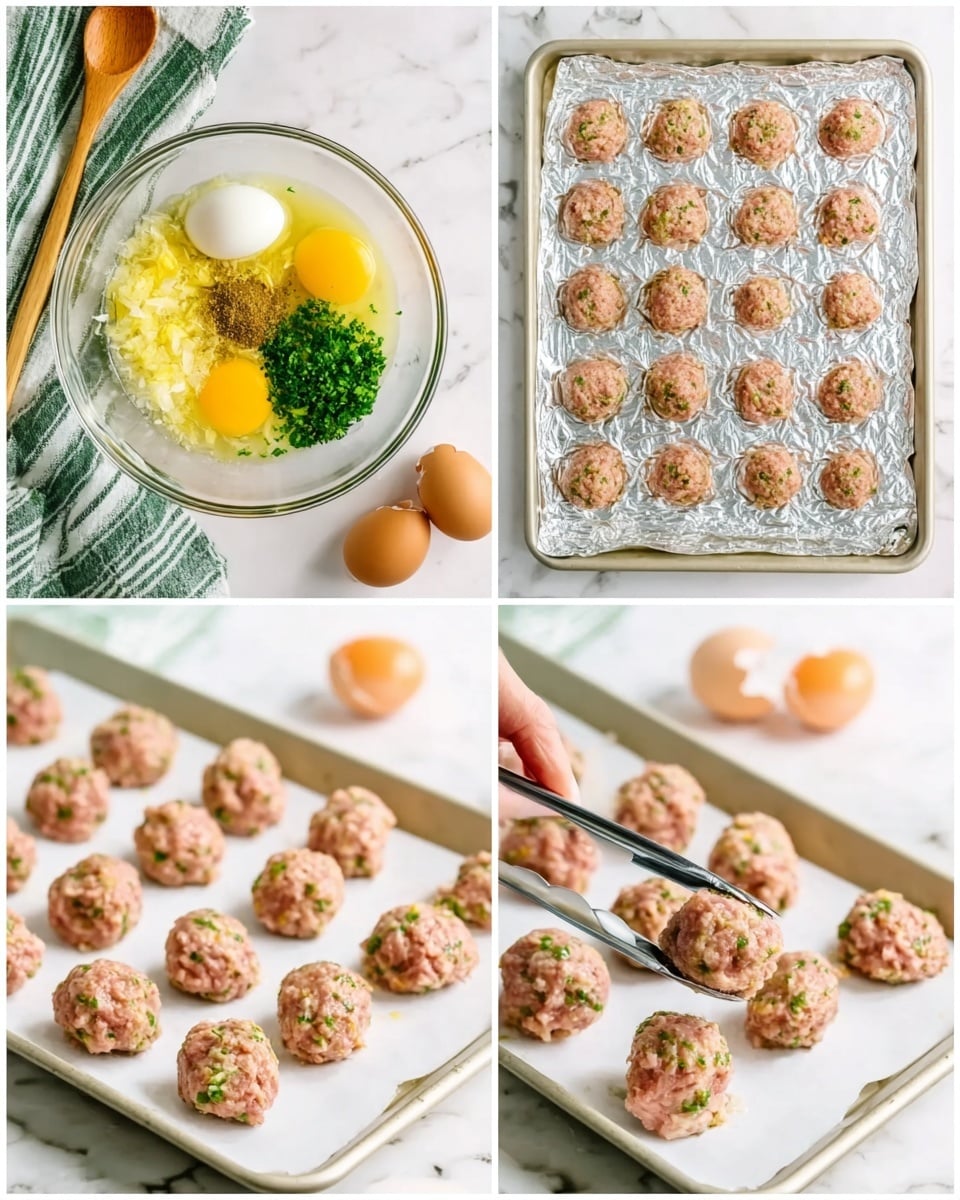 The image is a four-part collage showing the step-by-step process of making meatballs. In the first part, a clear glass bowl sits on a white marbled surface, filled with raw ground meat, two raw eggs, chopped green herbs, minced garlic, and various spices, with a wooden spoon and a green-striped cloth nearby and eggshells on the side. The second part shows a white tray lined with shiny foil on the same surface, with evenly spaced raw meatballs arranged in four rows and four columns, with a woman’s hand holding a pair of metal tongs picking up one meatball. The third part captures the tray before cooking, with some raw meatballs that have a soft, pink texture and visible green herbs. In the last part, the meatballs on the foil-lined white tray appear cooked, showing a golden-brown color and firmer texture, still arranged neatly on the tray. Photo taken with an iphone --ar 4:5 --v 7
