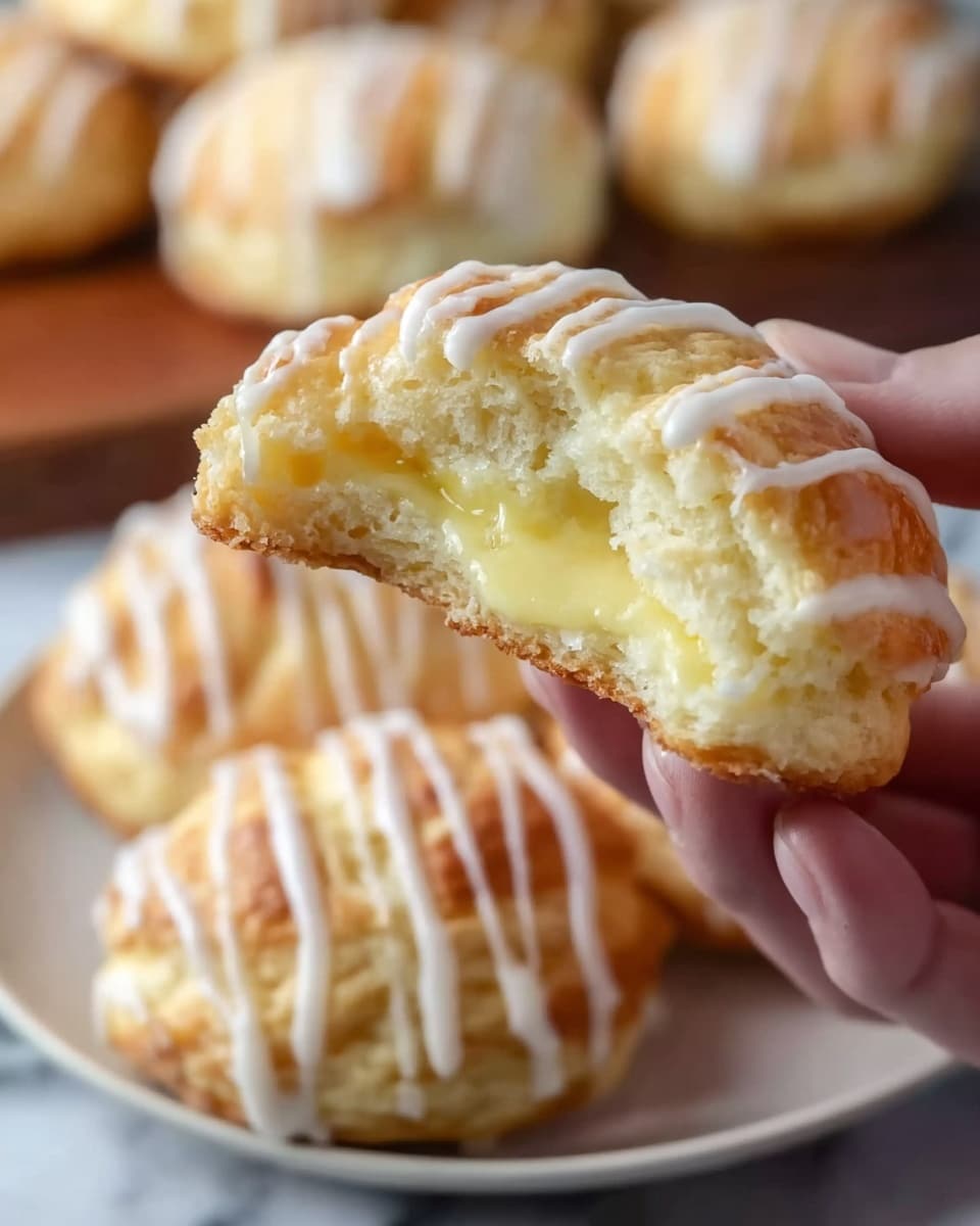 A stack of several golden-brown pastries with a flaky texture sits on a white plate, each pastry topped with white icing drizzled in a wavy pattern. The pastries have a layered look with some showing a soft, light yellow filling inside. One pastry on top is broken in half, revealing the creamy interior and the flaky, airy layers of the dough. The scene is set on a white marbled surface with a dark background, highlighting the warm colors and shiny glaze on the pastries. Photo taken with an iphone --ar 4:5 --v 7