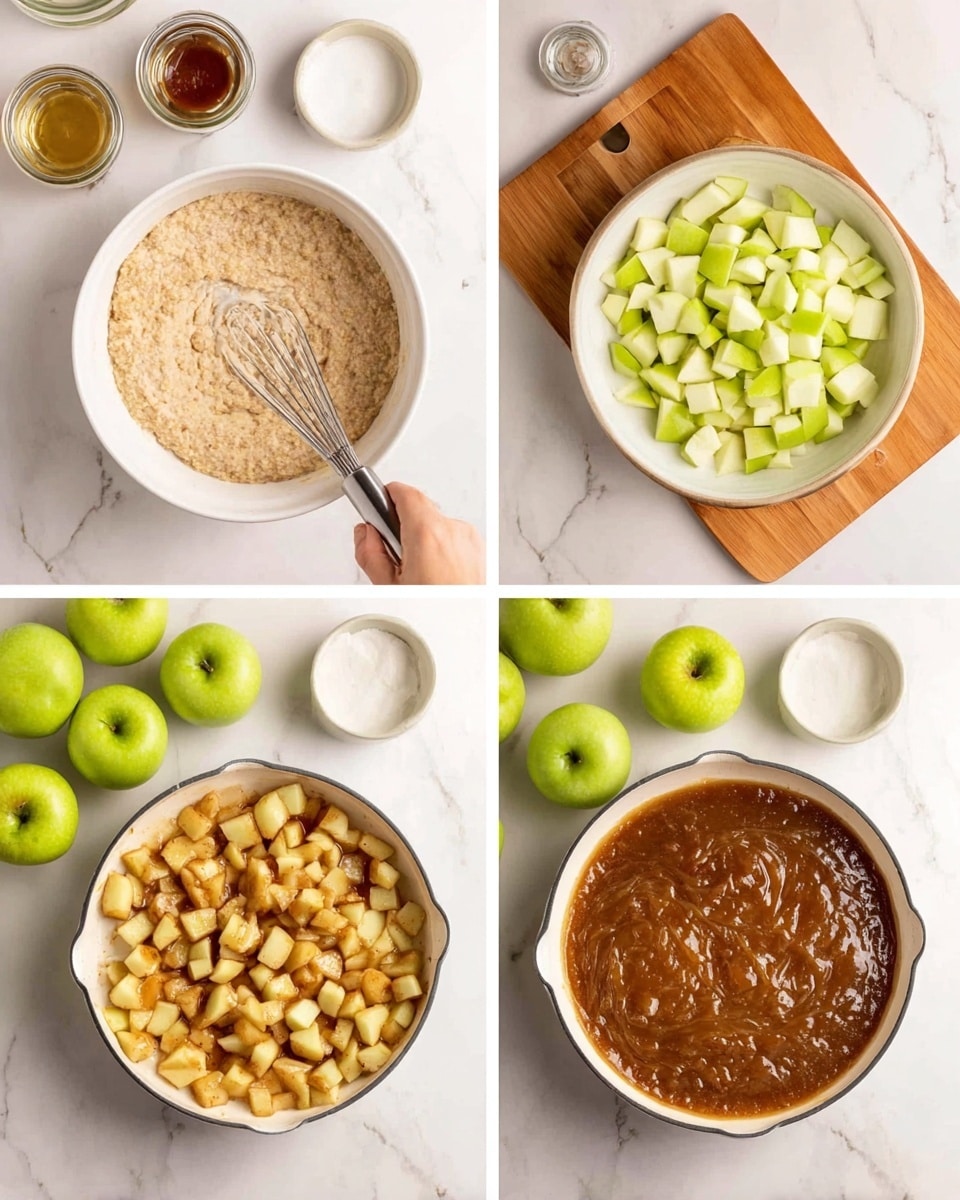 The image is divided into four sections, each showing a step in making a dish. In the top left, a white bowl filled with a creamy, grainy mixture with a wooden whisk inside is surrounded by small white bowls and cracked eggshells on a white marbled surface. The top right shows a wooden cutting board with a pile of light green chopped apples and apple pieces next to a pile of apple slices and whole green apples around it on the white marbled surface. The bottom left displays a white pot filled with evenly spread chopped green apples on the white marbled background, with more green apples, apple slices, and a small dish of brown powder nearby. In the bottom right, the same white pot is shown now covered with a thick, dark brown sauce over the chopped apples, surrounded by the same green apples, apple slices, and brown powder on the white marbled surface. Photo taken with an iphone --ar 4:5 --v 7