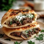 Cheesy Beef and Mushroom Pita Pockets with Tzatziki Sauce Recipe