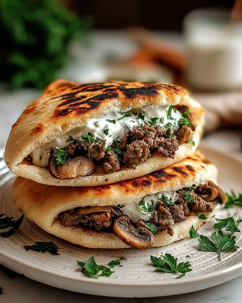 Cheesy Beef and Mushroom Pita Pockets with Tzatziki Sauce Recipe