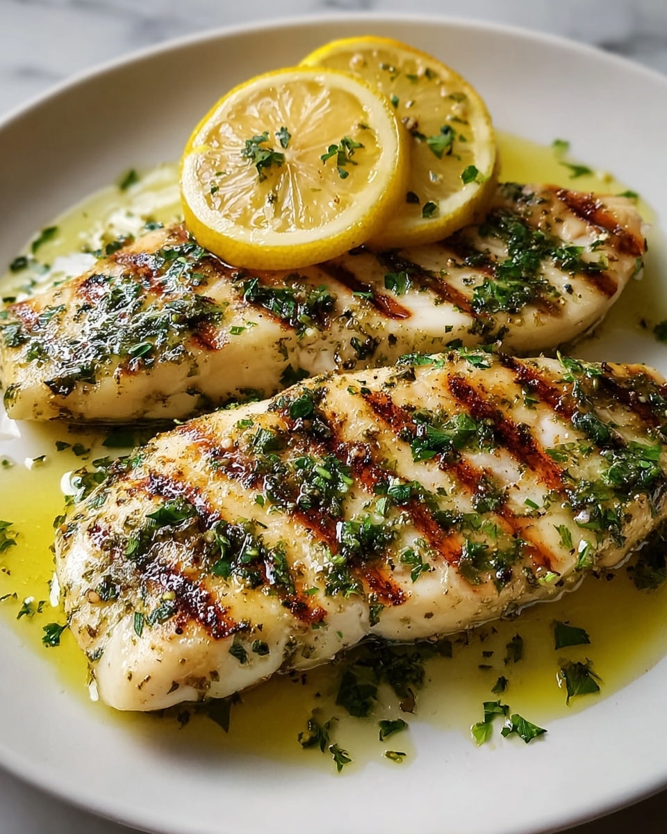 The image shows two grilled chicken pieces placed side by side on a white plate with a white marbled texture surface. Each chicken piece has dark grill marks and is covered with green herb sauce made of chopped herbs and oil, which pools slightly around the chicken. Behind the chicken pieces, there are two lemon halves positioned horizontally, adding a bright yellow color. The chicken looks juicy and well cooked with a shiny and oily texture on top. Photo taken with an iphone --ar 4:5 --v 7