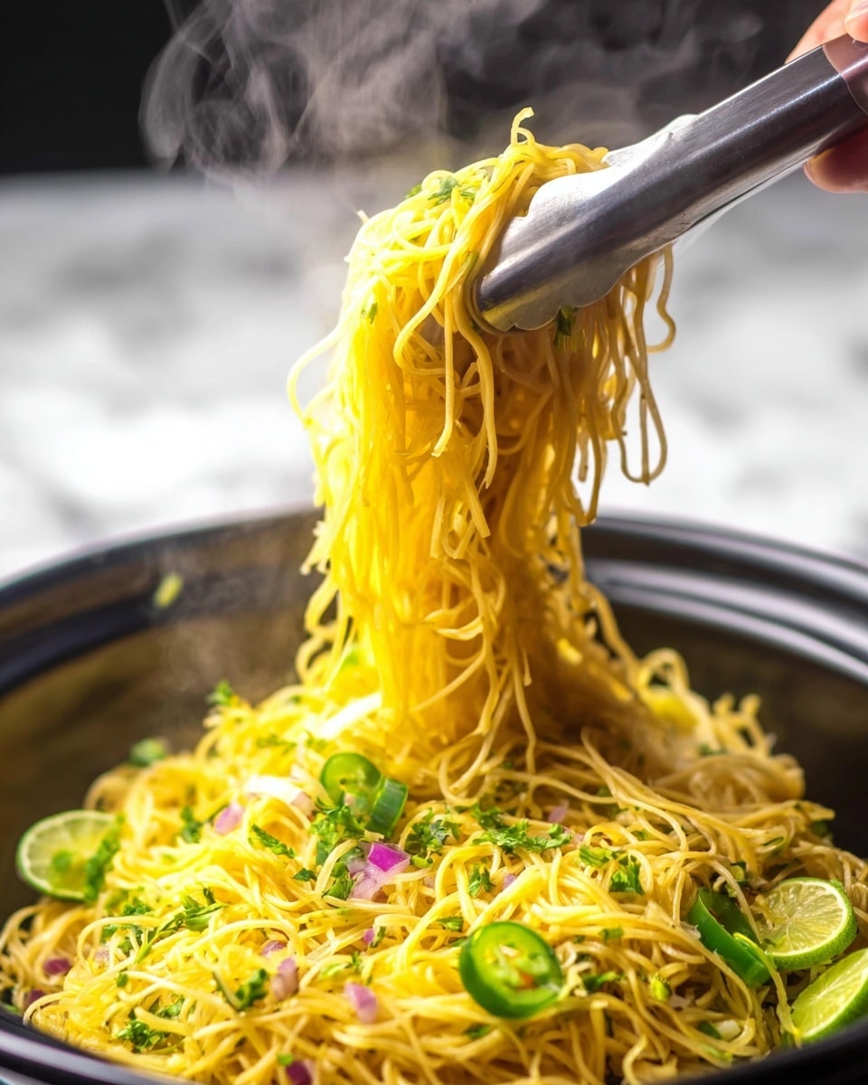 A close-up of a black bowl filled with bright yellow noodles lifted by silver tongs, showing the noodles’ soft texture mixed with small green herbs and bits of purple onion. The noodles are layered densely in the bowl, with thin slices of green chili and lime positioned around the edges, all on a white marbled surface. Steam rises from the hot noodles, adding warmth to the scene, while a woman's hand holds the tongs. Photo taken with an iphone --ar 4:5 --v 7