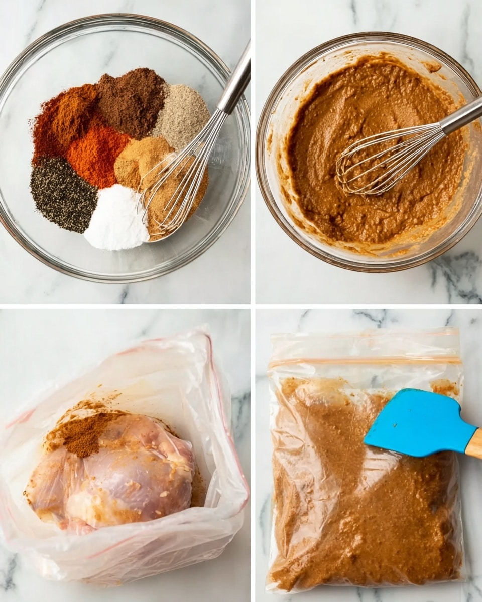 A collage of four images showing a cooking process on a white marbled surface: top left is a clear glass bowl with several colorful dry spices layered separately, including dark brown, orange, white, and black powders, next to a metal whisk; top right shows the same bowl with the spices mixed into a smooth, brown paste with a blue spatula resting beside it; bottom left displays a clear plastic bag open with a raw chicken piece partially covered by the brown spice paste inside; bottom right shows the plastic bag fully sealed with the brown spice mixture and chicken blended together, all images sharp and bright, photo taken with an iphone --ar 4:5 --v 7