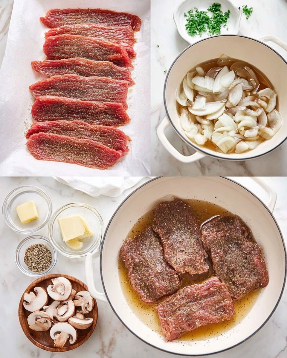 The image shows three stages of cooking thin slices of seasoned raw brownish-red meat, arranged evenly on white parchment paper as the first layer. The second layer is three browned, cooked meat slices with a rough texture placed in a silver pan with a thin layer of oil or juice, showing a mix of dark brown and light brown edges. The third layer is three cooked meat slices with light brown color lying in a white bowl filled with liquid, topped with scattered white onion pieces, with small bowls of butter, sliced mushrooms, and seasonings around, all placed on a white marbled surface. photo taken with an iphone --ar 4:5 --v 7