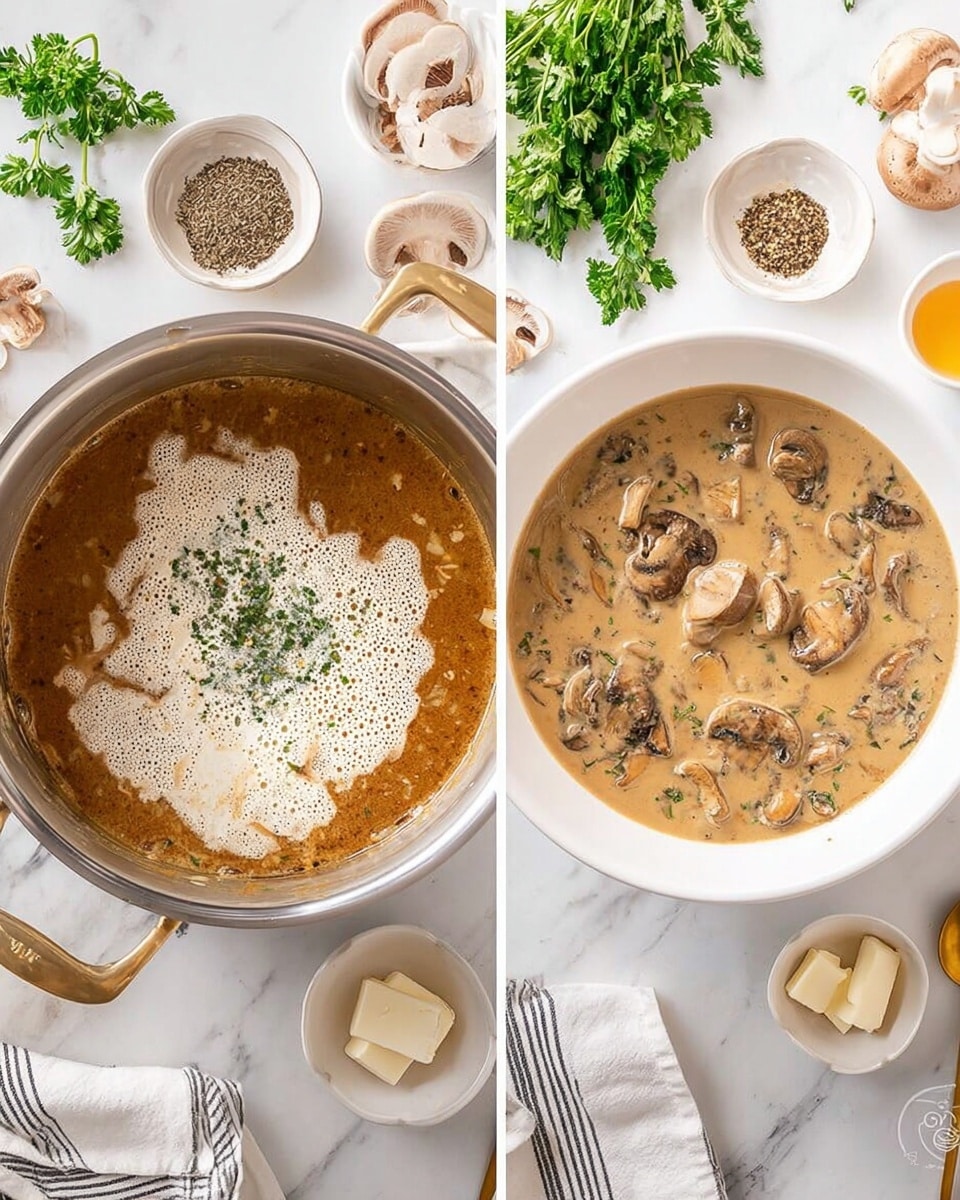 The image shows two views of a creamy mushroom sauce in progress. On the left, a stainless steel pot contains a brown mushroom sauce base with cream being poured in and mixed, with a sprinkle of green herbs in the center. On the right, the sauce is finished and placed in a white bowl; it is light tan in color with visible mushroom slices and onion pieces floating in it. Around the pot and bowl on a white marbled surface are fresh green parsley, sliced mushrooms, small dishes of black pepper and mustard with a gold spoon, white butter squares, and a striped white and black cloth. Photo taken with an iphone --ar 4:5 --v 7