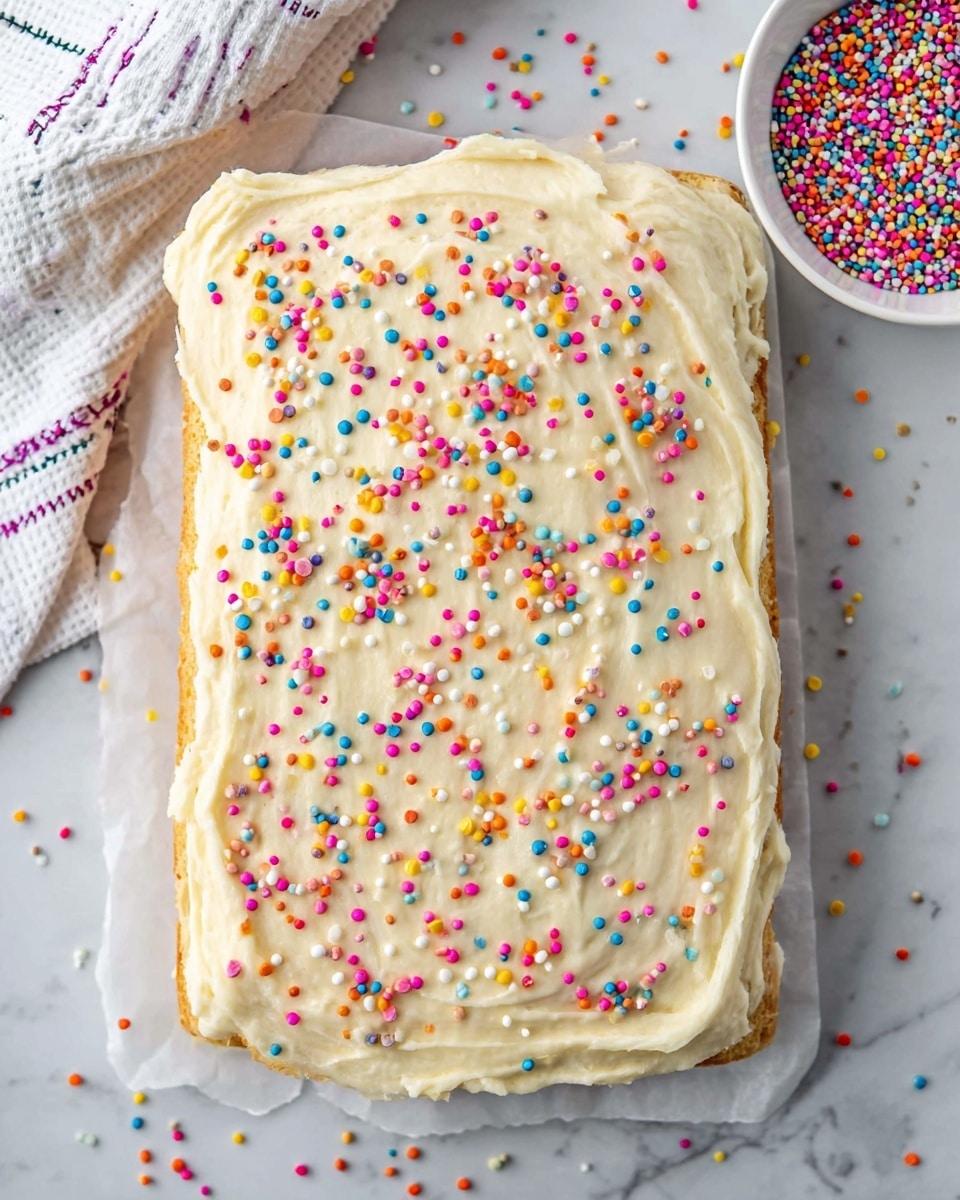 A rectangular cake sitting on a white marbled surface is shown from above. It has one thick layer of light golden cake base covered with a smooth, creamy white frosting layer spread evenly on top. Small, round, colorful sprinkles in pink, yellow, blue, orange, and purple scatter all over the frosting, adding bright spots of color. A white bowl filled with similar round sprinkles is placed near the top right corner, and a white cloth with multicolor stitched lines is partially visible at the top left. Photo taken with an iphone --ar 4:5 --v 7