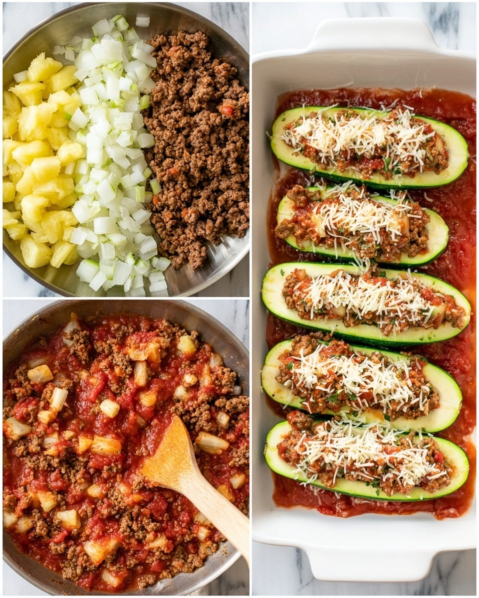 The image shows a cooking process in three sections. The top left part has a pan with three layers: browned ground meat at the bottom, chopped pineapple pieces on the left, and chopped white onions on the right, with red tomato sauce in the front. The bottom left part shows the same pan after the ingredients have been mixed together, forming a thick textured mixture of meat, onions, pineapple, and sauce with a wooden spoon inside. On the right side, there is a white ceramic baking dish on a white marbled surface, containing six halved green zucchini stuffed with the meat mixture, arranged in two columns, topped with a mix of white and yellow shredded cheese, all sitting atop a layer of red tomato sauce spread across the dish. Photo taken with an iphone --ar 4:5 --v 7