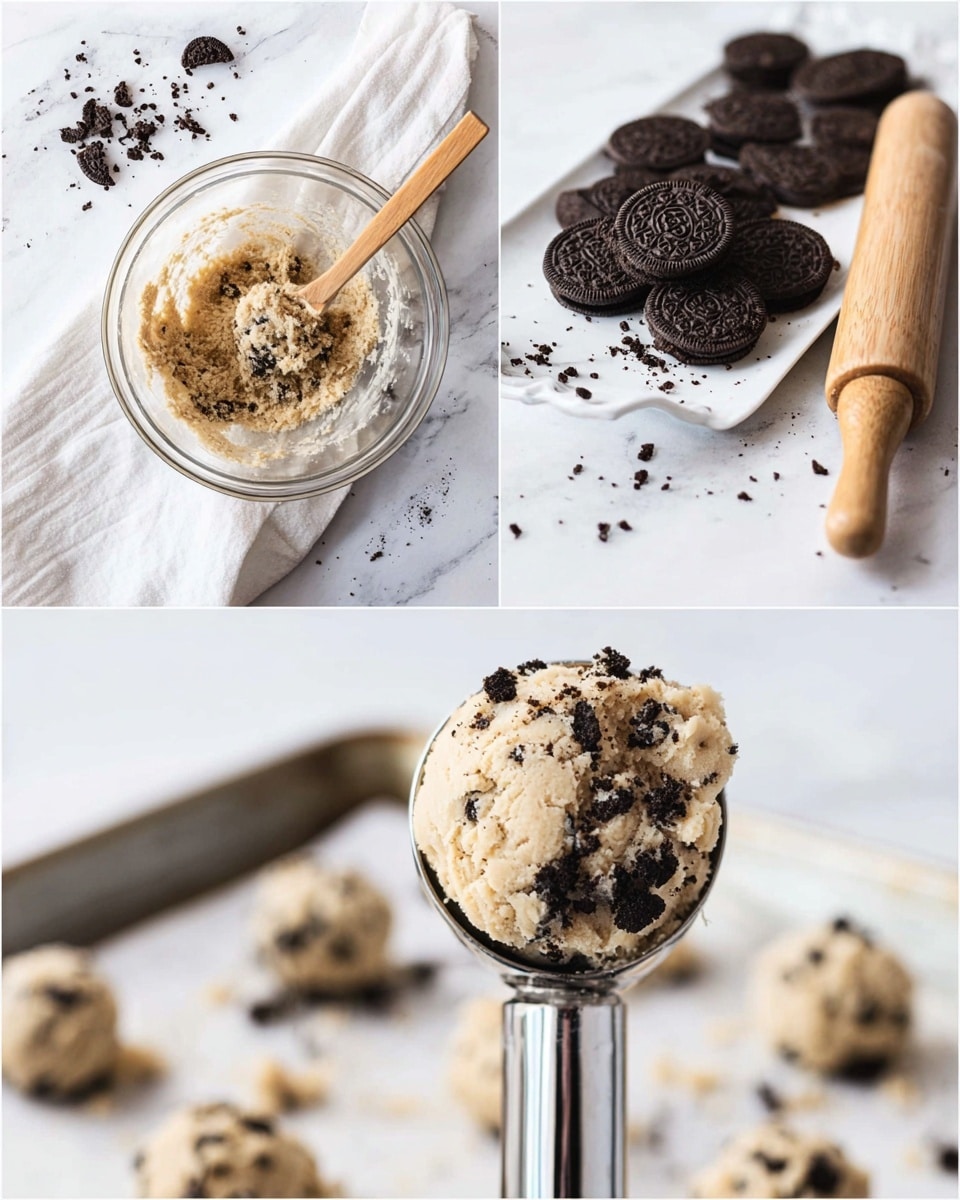 The image shows three parts: the first part has a clear glass bowl with light beige cookie dough being mixed with a wooden spoon, placed on a white marbled surface with a white towel nearby and a white rectangular plate full of whole round dark brown cookies in the background. The second part has the same glass bowl on the white marbled surface, now with dark brown crushed cookies added to the light beige dough, with the wooden spoon resting inside and some cookie pieces scattered around, also showing part of a rolling pin with a wooden handle. The third part is a close-up of a shiny silver scoop holding a round ball of light beige dough mixed with dark cookie bits, over a tray lined with parchment paper with similar cookie dough balls spaced out on it, with some cookie crumbs on the white marbled surface around. photo taken with an iphone --ar 4:5 --v 7