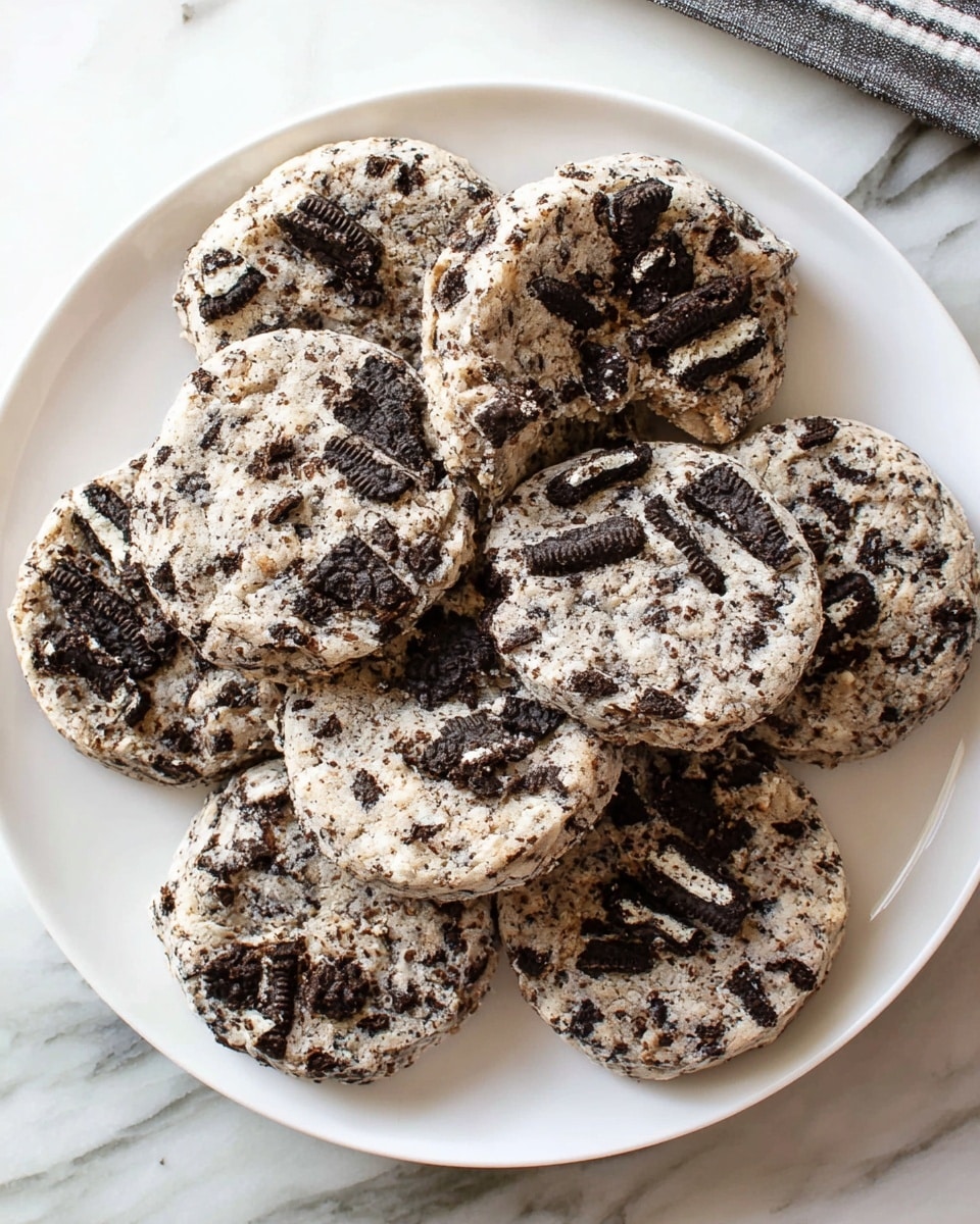 A white plate filled with eight round cookies that have a rough texture and greyish color. Each cookie is loaded with chunks of dark chocolate sandwich cookies, giving a speckled look of black and white pieces. The cookies are stacked loosely together on a white marbled surface. The image shows a close-up view from above. Photo taken with an iphone --ar 4:5 --v 7