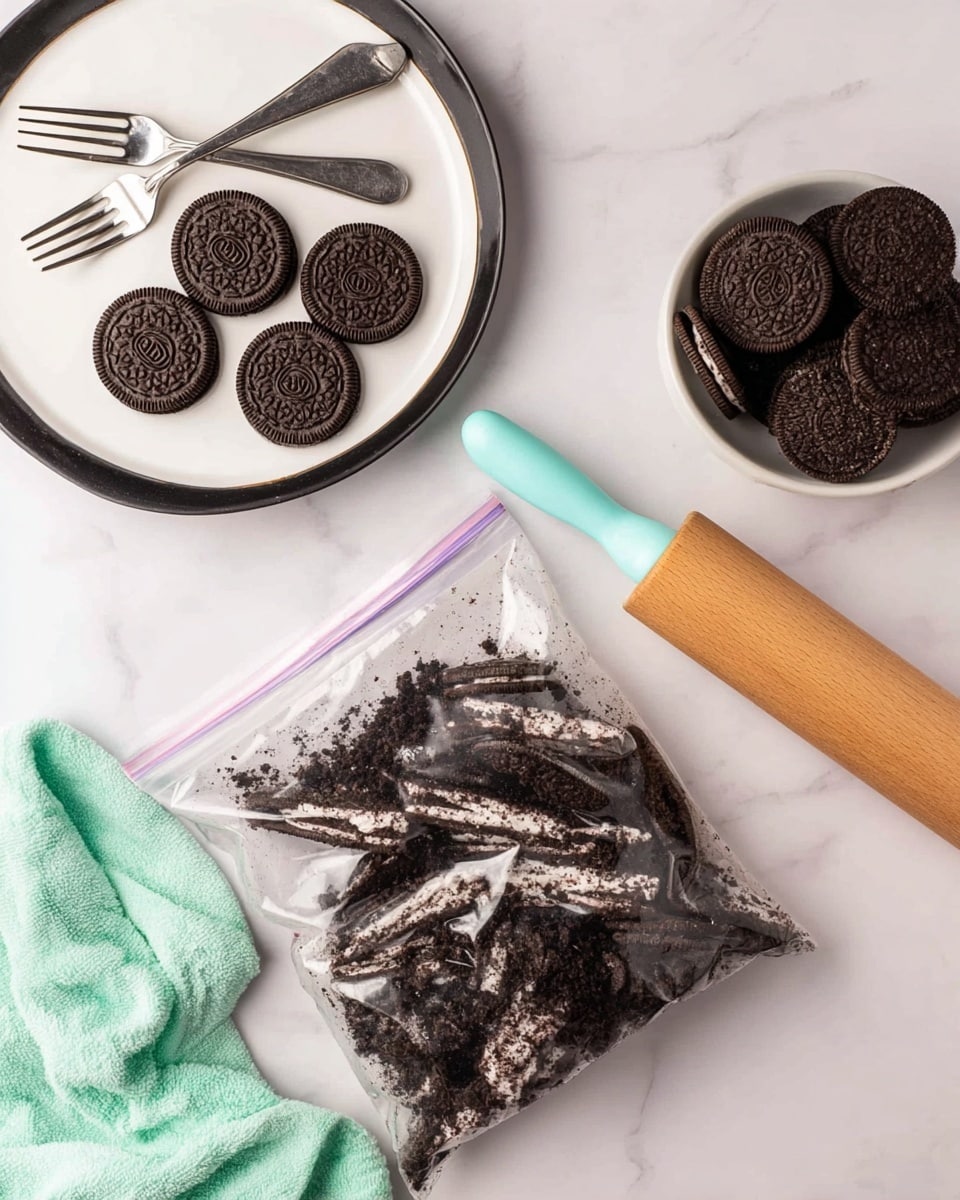 The image shows an overhead view of a white marbled surface with ingredients for making crushed chocolate sandwich cookies. At the top left, a white plate with a black rim holds seven whole chocolate sandwich cookies and three small shiny silver forks placed side by side. To the top right, a small white bowl is filled with more whole chocolate sandwich cookies stacked neatly. In the center, there is a clear plastic zipper bag filled with partially crushed chocolate sandwich cookies, showing dark brown and white crumb textures inside. A light wooden rolling pin with a light blue handle rests on top of the zipper bag. In the lower left corner, a mint green cloth is partially visible near the bag. Photo taken with an iphone --ar 4:5 --v 7