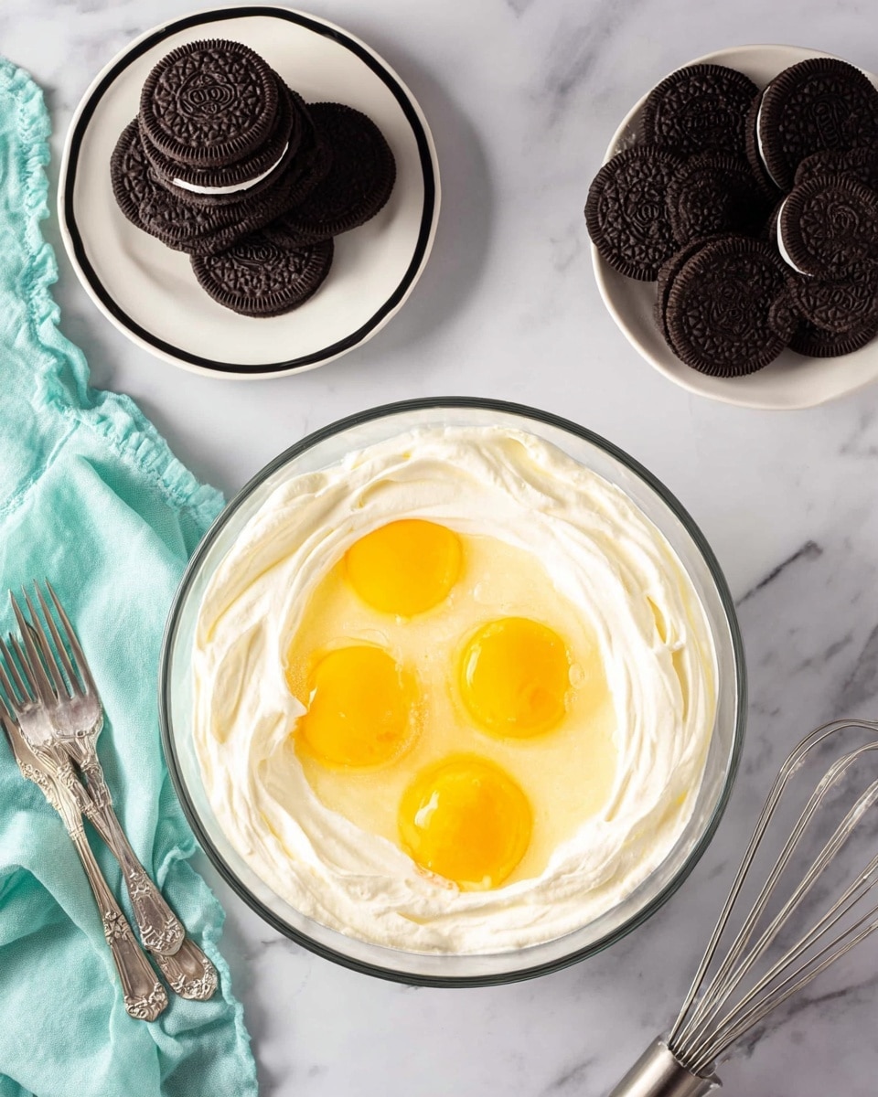 A large clear glass bowl sits on a white marbled surface, filled halfway with thick white cream topped with three raw egg yolks and whites, their bright yellow and translucent textures contrasting with the cream below. To the top left, a white plate with a black rim holds seven stacked dark chocolate sandwich cookies and three silver forks with ornate handles. To the top right, a small white bowl overflows with more stacked dark chocolate sandwich cookies. A light turquoise cloth is placed to the bottom left, and two silver electric mixer beaters lie on the bottom right corner of the white marbled surface. photo taken with an iphone --ar 4:5 --v 7
