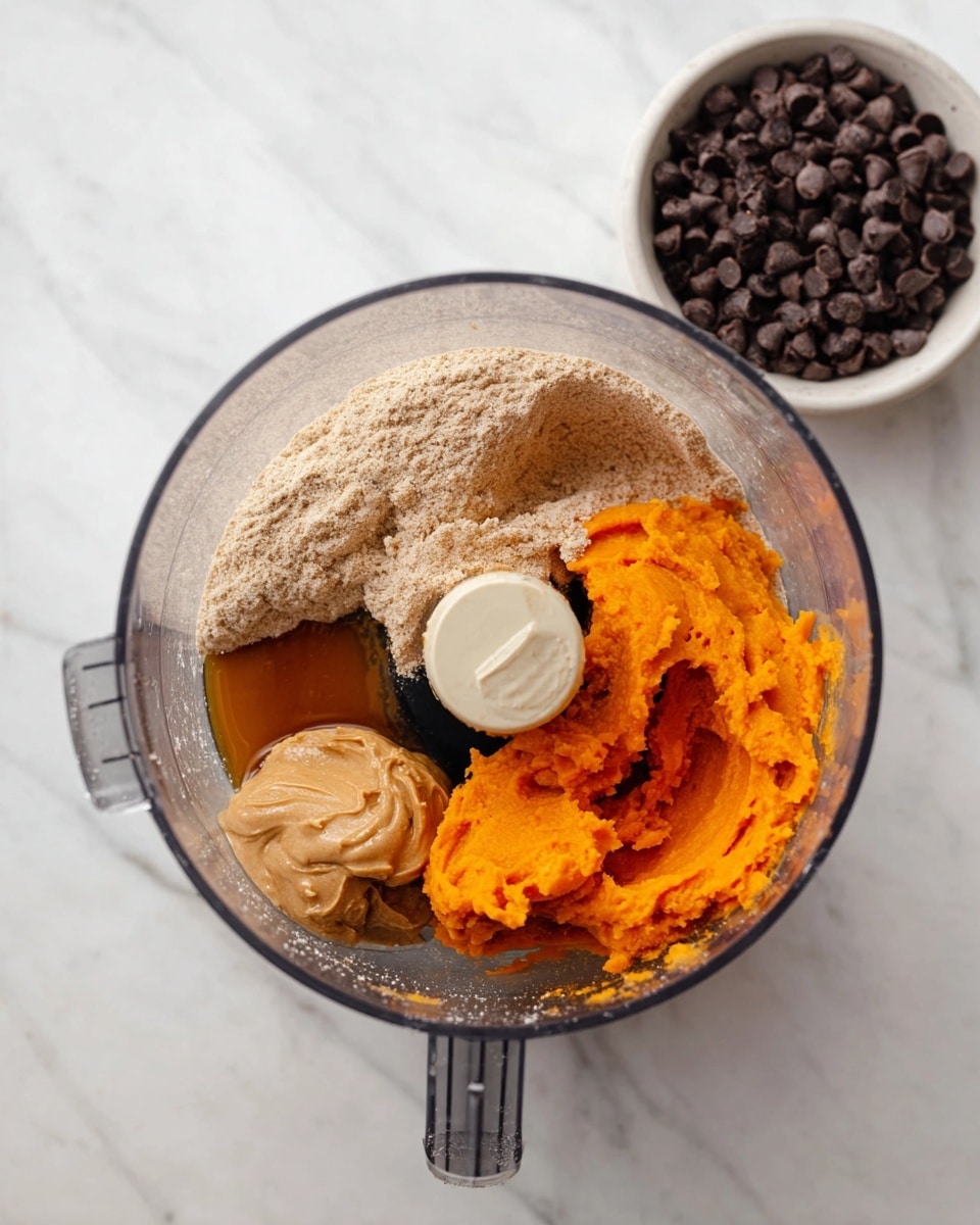 The image shows a clear food processor bowl sitting on a white marbled surface, filled with four distinct layers of ingredients. The base layer is light brown flour spread evenly, topped with a pool of honey in amber color on one side. Bright orange pumpkin puree forms a thick mound on the right, and a generous scoop of creamy tan peanut butter sits in front of the puree. In the top right corner of the image, there is a small white bowl filled with dark brown chocolate chips. photo taken with an iphone --ar 4:5 --v 7