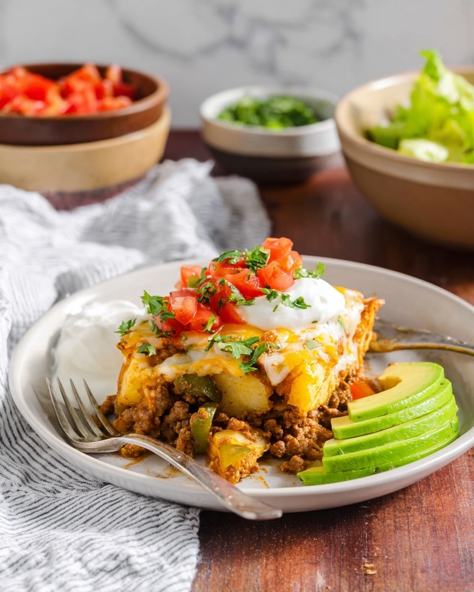 A white plate holds a layered dish with three main layers: the bottom layer is a mix of cooked ground meat and green bell pepper pieces with a brownish texture, the middle layer has yellow cooked potato cubes, and the top layer is melted white and light orange cheese mixed with small red tomato pieces and green herbs sprinkled on top. A dollop of white sour cream is on the left side of the plate, and three slices of green avocado are placed on the right side near a fork. The plate rests on a wooden surface with a white and gray striped cloth nearby, and in the background, a brown bowl with red chopped tomatoes and a white bowl with green chopped lettuce sit on a white marbled surface. photo taken with an iphone --ar 4:5 --v 7