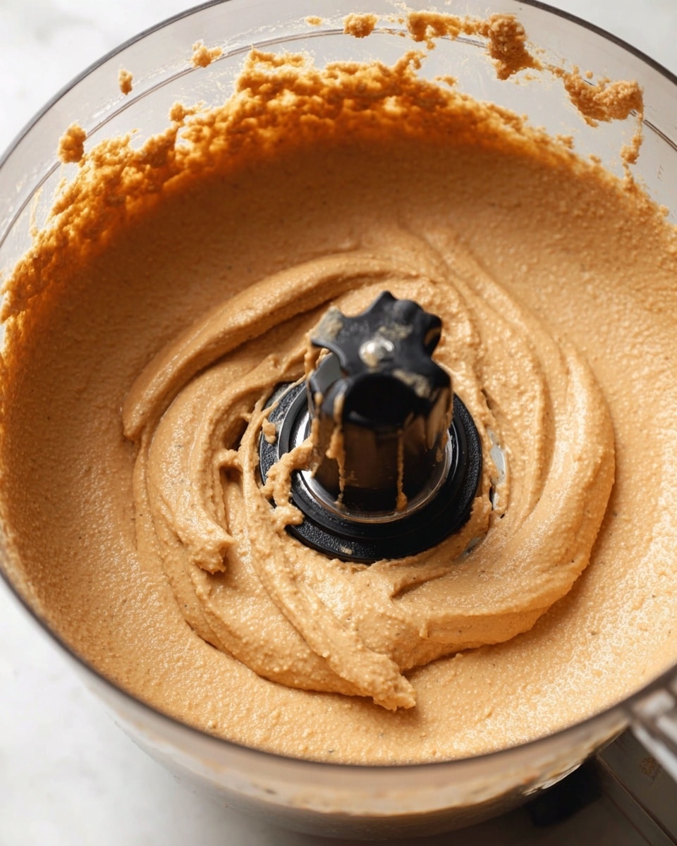 A close-up view of a clear food processor bowl filled with a thick, smooth, light brown mixture with a slightly grainy texture. The mixture is spread evenly under the black central blade piece, with some mixture clinging to the blade. The food processor sits on a white marbled surface, showing no other items around. The lighting highlights the creamy yet dense quality of the mixture. photo taken with an iphone --ar 4:5 --v 7