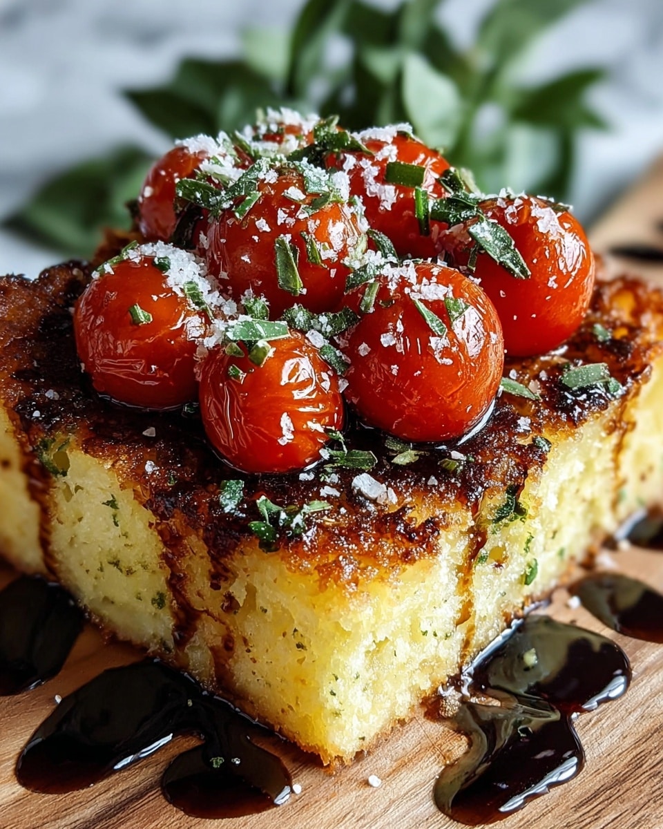 A thick yellow square piece of crispy, golden bread stands on a white marbled surface, with visible small green herb bits inside. On top, there are seven shiny red cherry tomatoes clustered together, sprinkled with small green herb pieces and coarse white salt. Dark brown balsamic glaze is drizzled around and on the bread, creating a glossy, rich contrast. The background is softly blurred with green leafy shapes. Photo taken with an iphone --ar 4:5 --v 7