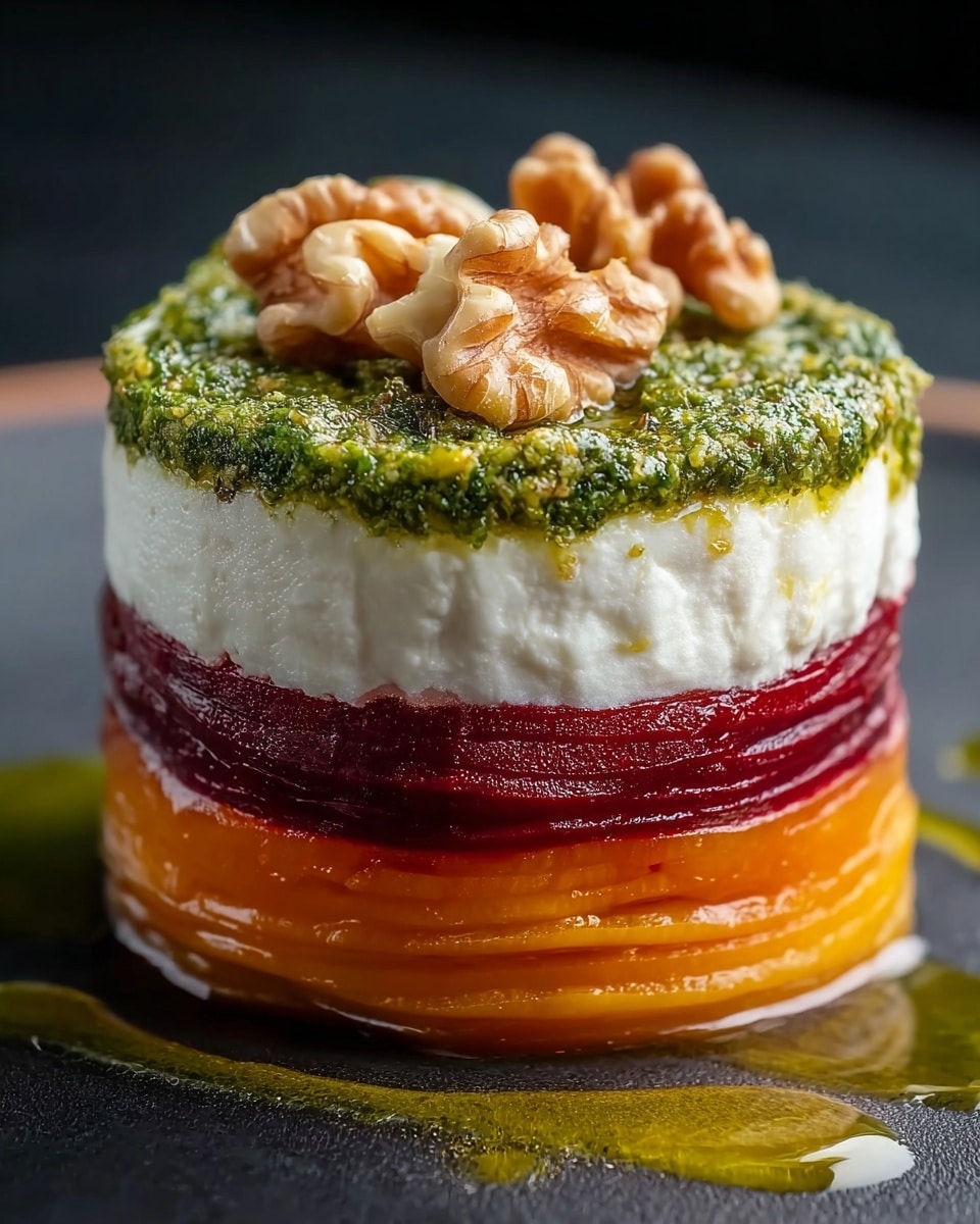 The dish is a small, round stack with four distinct layers placed on a dark surface. The bottom layer is made of thin orange slices stacked tightly together, smooth and slightly shiny. Above it is a thick, white, soft and creamy layer with a textured surface. The next layer is a deep red, smooth and thin slice wrapped around the creamy layer. Another thick, white, soft creamy layer sits on top of this, similar in texture to the one below. The top layer is a rough-textured green pesto spread evenly, crowned with several whole light brown walnuts. Drops of golden oil surround the base, giving a slight shine. Photo taken with an iphone --ar 4:5 --v 7