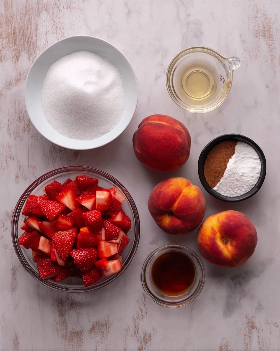 This image shows a fruit tart with three main layers. The bottom layer is a golden brown crust, thick and textured with a slightly scalloped edge. The middle layer is a shiny, deep red strawberry glaze spread evenly and almost filling the crust. On top, there are glossy, sliced yellow peaches arranged in a circular pattern near the edge, and whole strawberries placed in the center, dusted lightly with white powdered sugar. A small green mint leaf sits on top, adding a fresh touch. The tart rests on a white marbled surface. Photo taken with an iphone --ar 4:5 --v 7
