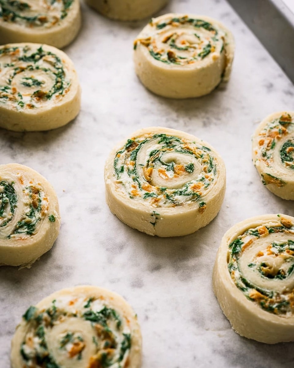 The image shows several round pinwheel pastries arranged on white parchment paper inside a metal tray. Each pastry has three visible layers: a light beige dough on the outside and between the layers, a creamy white filling next, and a thin layer of green herbs or spinach mixed with small orange bits evenly spread in a spiral. The texture looks soft and slightly dense, and the pastries are spaced out evenly on the tray. The background has a white marbled texture. Photo taken with an iphone --ar 4:5 --v 7