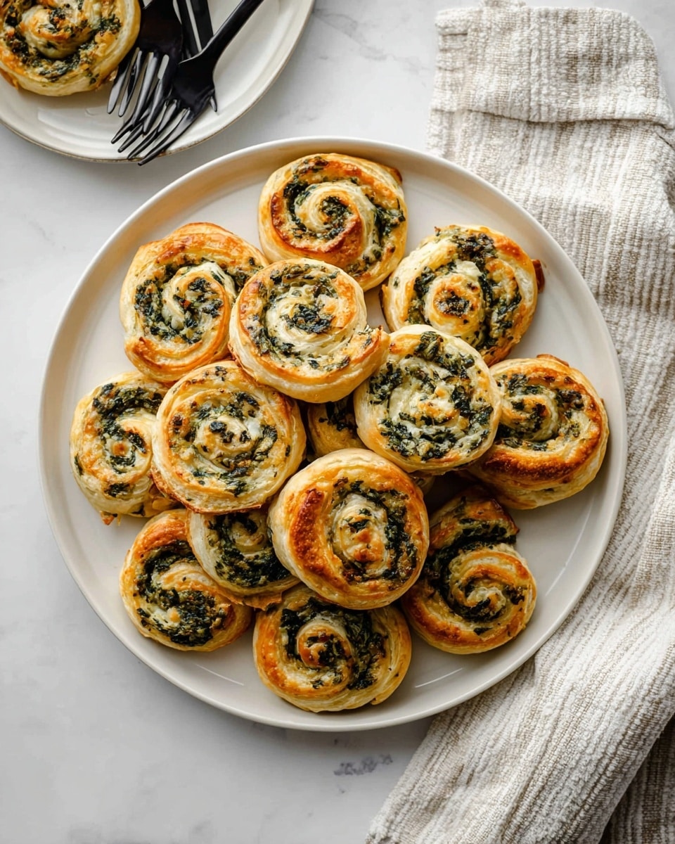 A large white plate holds about fifteen golden brown spiral pastries stacked in the center. Each pastry shows visible layers of flaky dough swirled with green leafy filling, likely spinach, and creamy white cheese mixed in. Around the main plate, a smaller white plate with three more spiral pastries and a black fork is partly visible at the top left. To the right of the main plate, there is a cream and gray striped cloth placed on a white marbled surface. The overall look is warm and fresh, with natural light highlighting the textures of the flaky crust and the filling. photo taken with an iphone --ar 4:5 --v 7