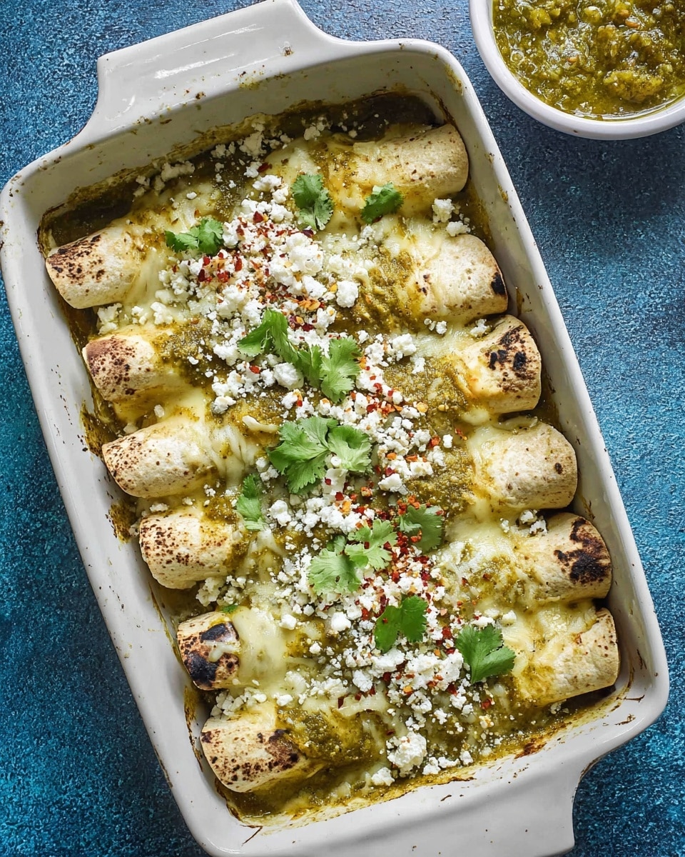 The image shows a white rectangular baking dish filled with five rolled tortillas tightly packed side by side. Each tortilla has a light tan color with some dark char marks on the edges. They are covered with a layer of melted pale yellow cheese and green sauce with a chunky texture. On top of this, there is a sprinkling of white crumbly cheese, bright green fresh cilantro leaves, and tiny red chili flakes scattered across the dish. The baking dish rests on a blue textured surface, and to the upper right, a white bowl with more chunky green sauce is partially visible. Photo taken with an iphone --ar 4:5 --v 7