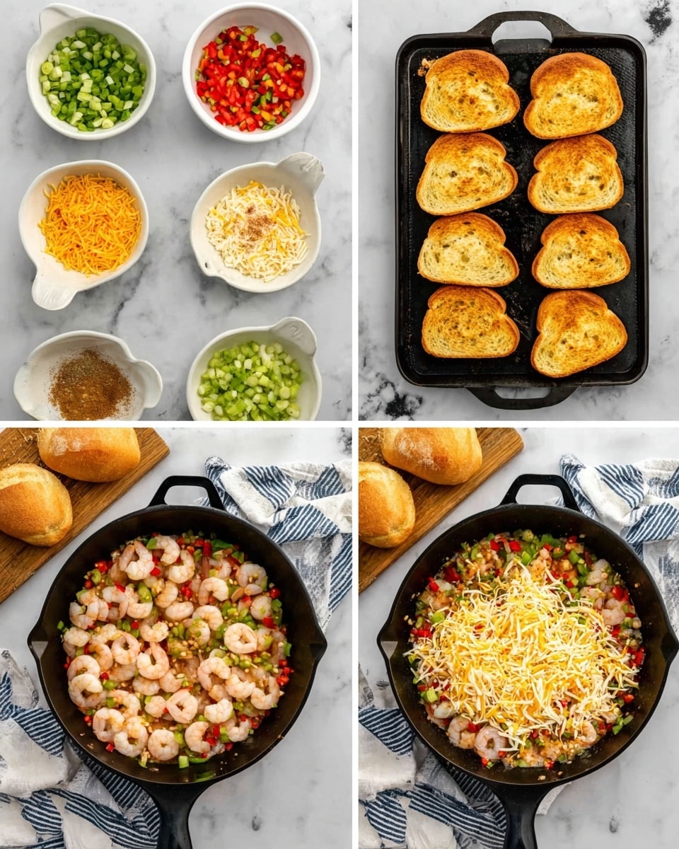 The image shows six steps to make a shrimp dish on a white marbled surface. The first step has ingredients arranged neatly in small white bowls, including chopped green onions, red peppers, shredded cheese, shrimp, and spices. The second step shows a black baking tray with 18 slices of toasted golden brown bread. The third image shows a black cast iron pan with chopped green onions, red peppers, and celery being cooked. The fourth step adds raw shrimp on top of the cooked vegetables in the pan. In the fifth image, the shrimp are mixed and cooked with added seasonings. The last image shows the cooked shrimp and vegetable mix in the pan, now topped with two mounds of creamy white and orange shredded cheese. A wooden board with bread slices and a white and blue towel are placed nearby. Photo taken with an iphone --ar 4:5 --v 7