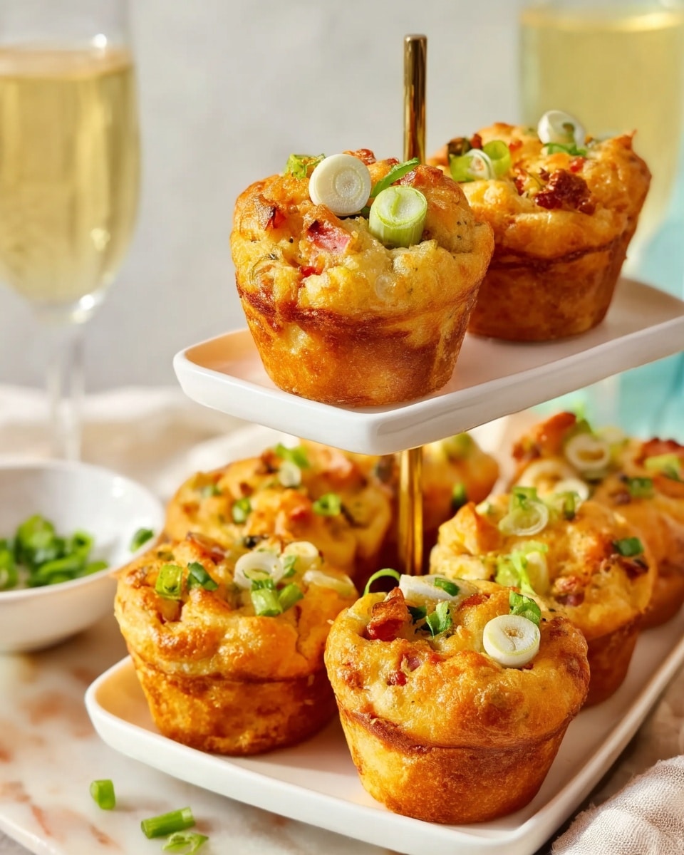A two-layer white square serving stand holds golden-brown baked muffins filled with a creamy mixture. The top layer has two muffins garnished with small pieces of green onion and thin white onion rings, showing a slightly crispy and textured surface with orange and yellow tones. The bottom layer displays several similar muffins, all topped with chopped green onions and hints of red bits inside, giving a slightly rough and inviting look. In the background, there is a blurred white marbled surface with soft natural light, and a glass of light yellow liquid adds to the cozy setting. photo taken with an iphone --ar 4:5 --v 7