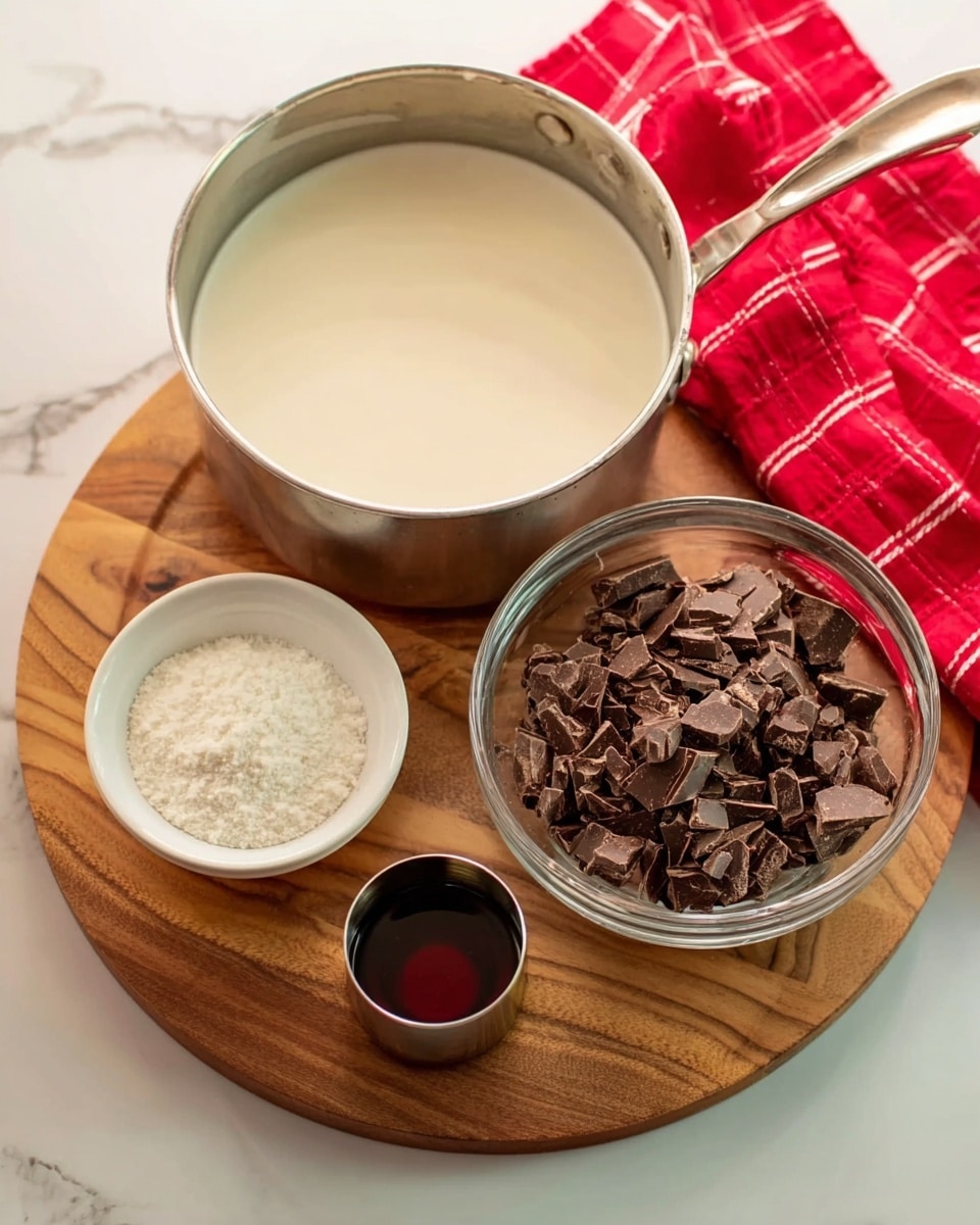 A round wooden tray holds four containers arranged on a white marbled surface. At the back is a large silver pot filled with light cream liquid. To the right in front of the pot, there is a clear glass bowl filled with chopped dark brown chocolate pieces. To the left of the glass bowl, a small white bowl contains fine white powder. In front of this bowl, a small silver cup holds a dark brown liquid. A red cloth with a white checkered pattern is partly visible in the background on the right side. photo taken with an iphone --ar 4:5 --v 7