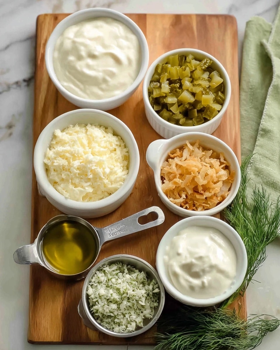 The image shows seven small white bowls and measuring cups arranged on a wooden board on a white marbled surface. At the back, two larger white bowls hold thick, creamy white sauce on the left and chopped pickles in greenish-yellow color on the right. In the middle front row, a small white bowl contains golden-brown crispy fried onions, and beside it is a metal measuring cup filled with pale yellow grated Parmesan cheese. At the left front corner, a metal measuring cup holds olive oil with a rich golden-green shine, and next to it is a small metal container filled with pale green herbs mixed with white sauce. The bottom right corner has a white container filled with thick creamy dressing. A small bunch of fresh green dill is placed near the olive oil cup, and a green cloth is on the right side of the board. Photo taken with an iphone --ar 4:5 --v 7