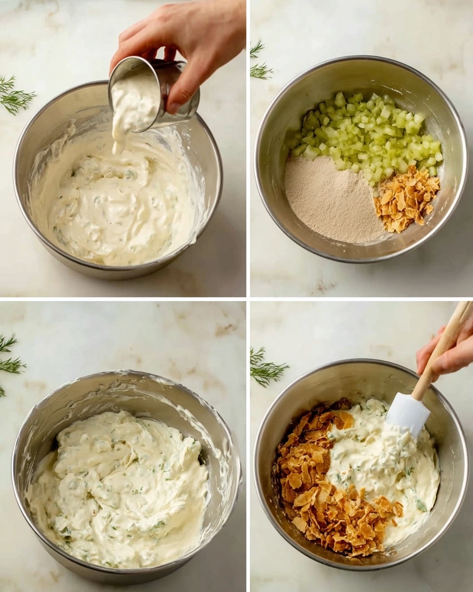 The image is a grid of four photos showing steps of mixing a creamy white dip in a large silver metal bowl on a white marbled surface. In the first photo, a woman's hand is pouring a light powder from a small silver cup into the thick white cream. The second photo shows chopped green pickles and a light beige powder added on top of the creamy base, with bits of fresh green herbs near the bowl. The third photo shows the mixture being stirred by a white spatula, blending the cream and green pieces into a smooth pale greenish-white mixture. In the fourth photo, crispy golden brown flakes are added on top of the now mixed creamy dip, with the spatula resting inside the bowl. Photo taken with an iphone --ar 4:5 --v 7