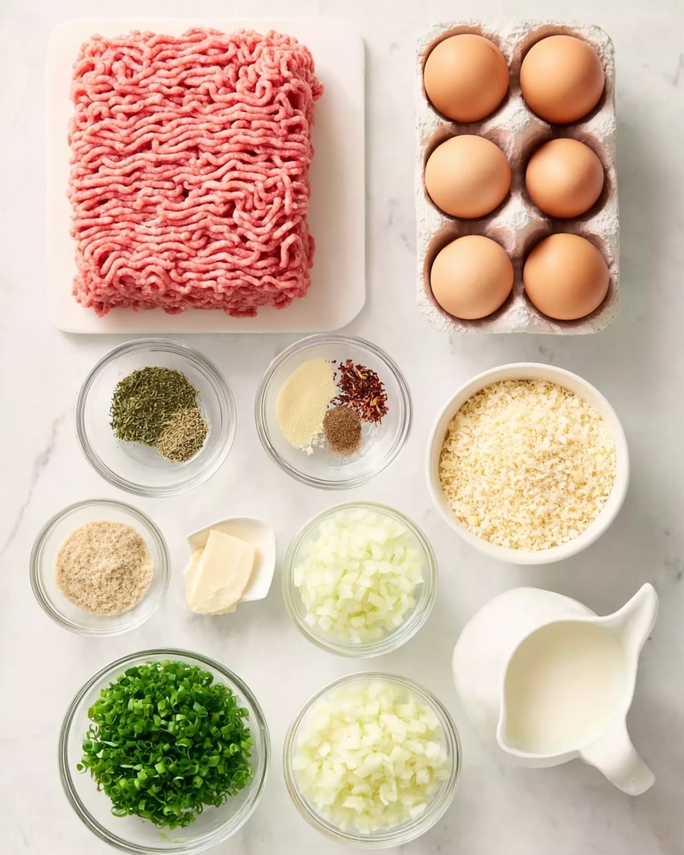 A top-down view of ingredients neatly organized on a white marbled surface. At the top left is a rectangular block of pink ground meat with its stringy texture visible. To the right, six brown eggs sit tightly together in a white carton. Moving downward, small clear glass bowls hold varying ingredients: a mix of green and red dried herbs, finely minced pale yellow garlic, light beige powder, ground black pepper, and fresh vibrant green chopped herbs. Larger white bowls contain finely chopped white onions, pale cream grated cheese, and light brown breadcrumbs. In the bottom right corner, a small glass pitcher holds white milk. Each ingredient is arranged in a clean and orderly way, filling the scene with a mix of soft and textured elements. Photo taken with an iphone --ar 4:5 --v 7