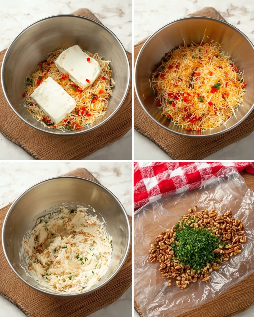 The image shows four steps of making a cheese spread: first, a silver metal bowl holds two white cream cheese blocks with some vanilla or sauce on top; second, the same bowl has shredded orange cheese, small chopped red and green peppers on top of the cream cheese blend; third, the mixture is stirred into a creamy, speckled texture with bits of red and green visible; fourth, a pile of chopped brown nuts and fresh green herbs sit on clear plastic wrap over a wooden surface. A red and white checkered towel is partly visible on the right side in the first three photos, and the background is a white marbled texture. photo taken with an iphone --ar 4:5 --v 7