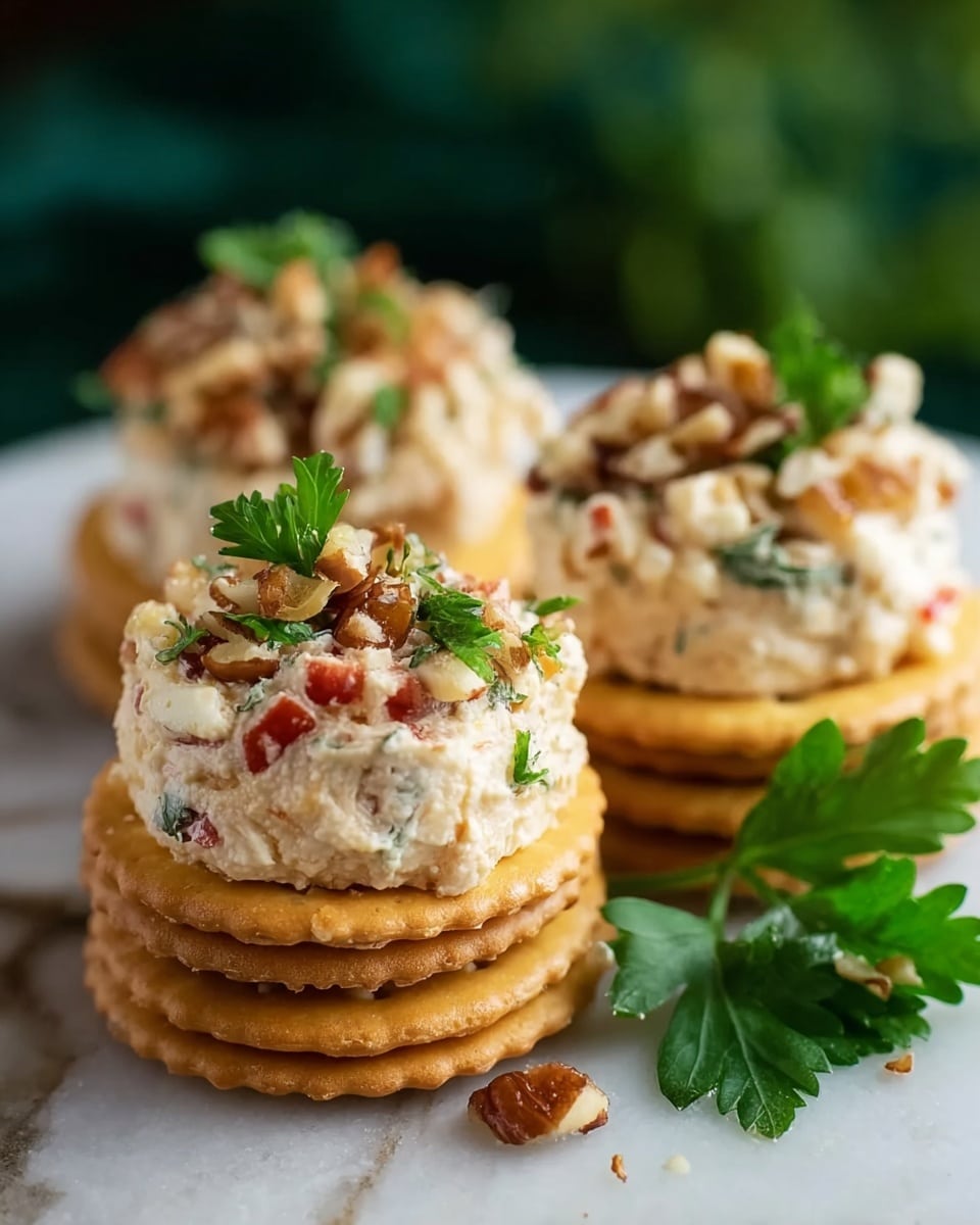 The image shows three stacks of round golden crackers arranged on a white marbled surface, each stack having two cracker layers. On top of each stack is a creamy mixture in light beige with small pieces of red and green, giving a soft, slightly lumpy texture, garnished with small green parsley leaves and sprinkled with chopped nuts adding a crunchy texture. To the right side of the cracker stacks lies a small bunch of fresh green parsley leaves. The background is blurred with green tones, making the crackers and topping stand out clearly. photo taken with an iphone --ar 4:5 --v 7