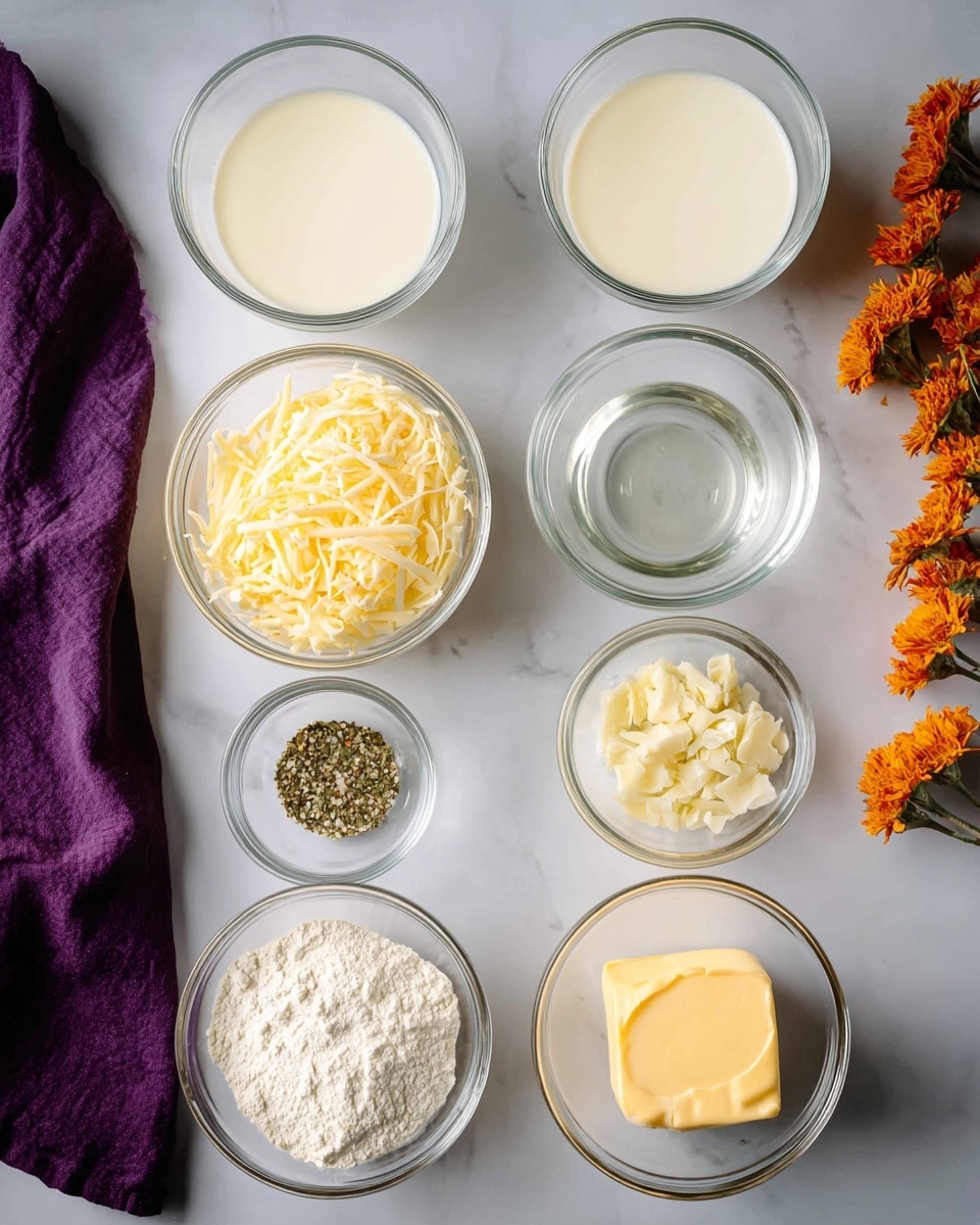 The image shows eight small white bowls arranged in rows on a white marbled surface. The top row has two glass bowls with creamy white liquids. Below them on the left is a glass bowl filled with shredded pale yellow cheese, and on the right is a clear glass bowl with a small amount of clear liquid. The third row has a bowl with a mix of green herbs, salt, and black pepper on the left, and a bowl with a yellow block of butter on the right. The bottom row has a bowl with white flour on the left and a bowl with minced light yellow garlic on the right. A purple cloth and some orange flowers are partially visible on the left side of the image. Photo taken with an iphone --ar 4:5 --v 7