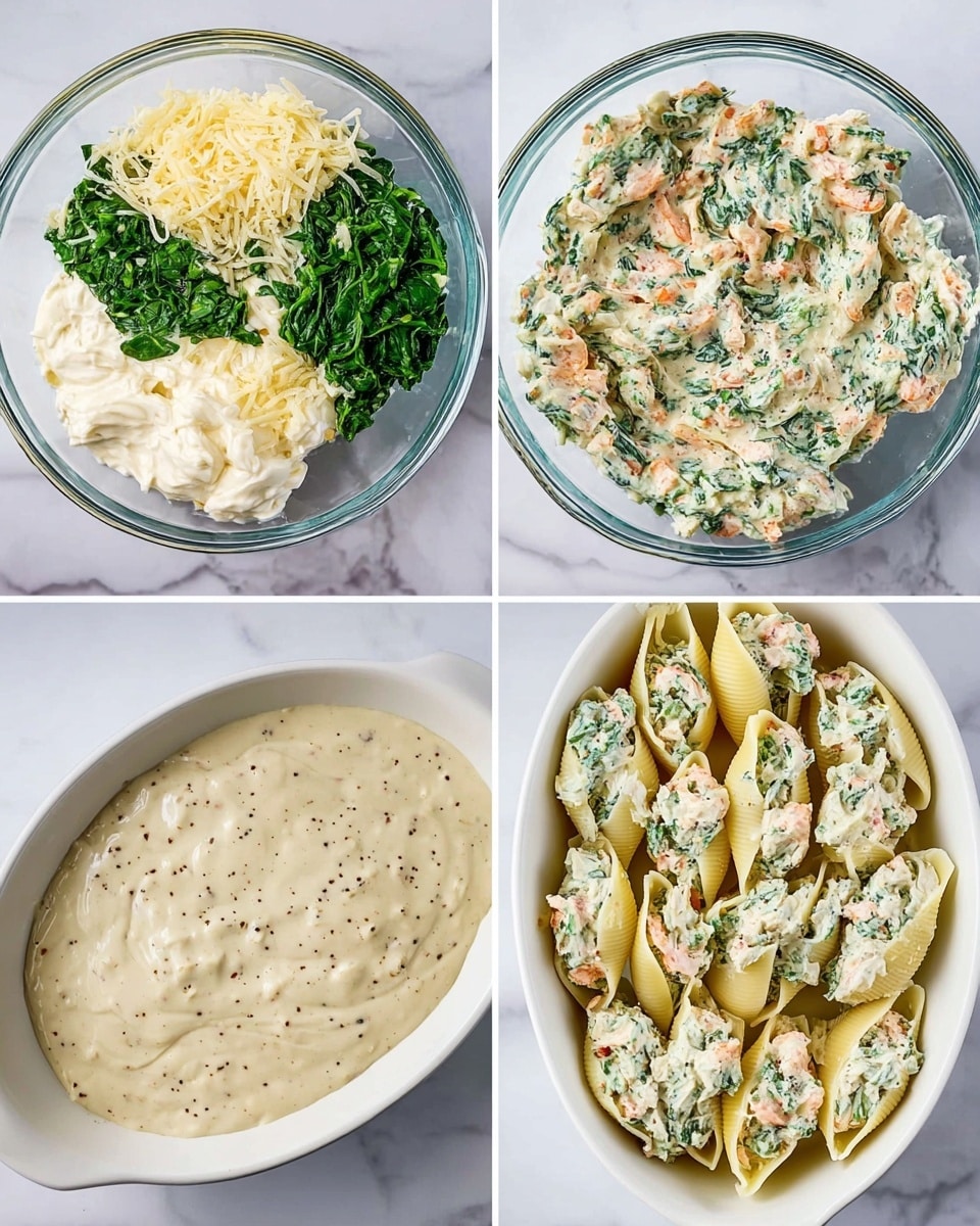 The image shows four stages of making stuffed pasta shells. The first stage (top left) has a clear bowl with three layers: white creamy cheese at the bottom left edge, a pile of shredded pale yellow cheese in the middle, and finely chopped bright green spinach on top. The second stage (top right) is the same clear bowl with the cheese and spinach mixed together, creating a creamy, speckled, pale green mixture with small bits of pink shrimp scattered throughout. The third stage (bottom left) shows a large white oval dish filled with a smooth, thick, light beige sauce dotted with black pepper. The last stage (bottom right) shows the white oval dish filled with large pasta shells arranged in rows, each shell stuffed with the creamy shrimp and spinach mixture, displaying white, pink, and green colors. The background is a white marbled texture. photo taken with an iphone --ar 4:5 --v 7