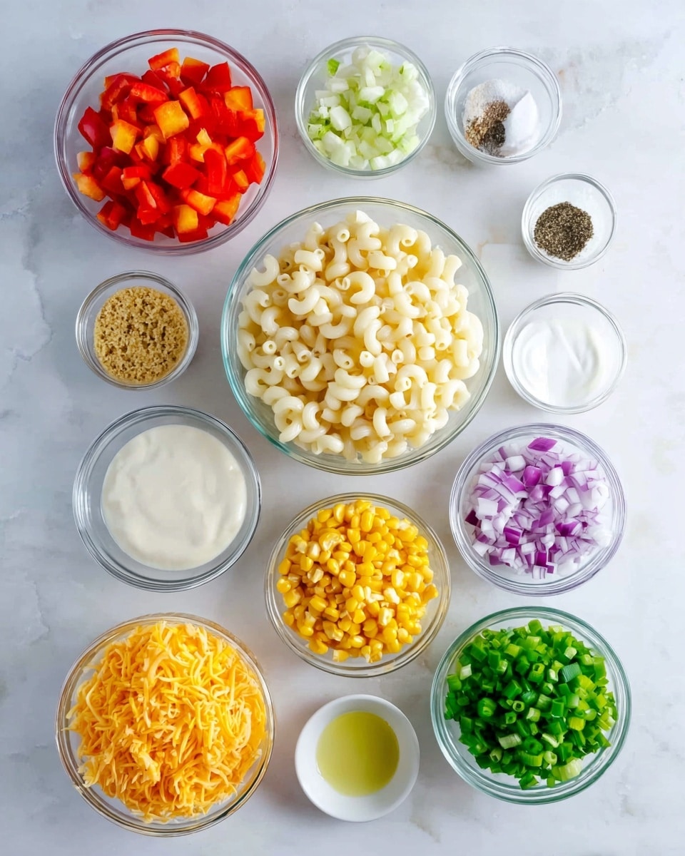 The image shows a white marbled surface with 14 clear glass bowls arranged in a loose grid. The largest bowl near the top center holds plain, cooked elbow macaroni, creamy white in color and slightly shiny. To the top left is a bowl with bright red chopped bell peppers. Below it, a smaller bowl contains whole grain mustard with visible mustard seeds, pale yellow with brown spots. Next to the macaroni at top right are small bowls with black pepper and white salt, both dark and light powders. Below these, a small bowl holds sour cream that is smooth and bright white. Near the center is a bowl of yellow corn kernels, shiny and plump. To its right is a bowl of chopped red onions, purple and white. Below the corn is a bowl of bright green chopped celery and another with dark green chopped green onions. To the bottom left is a bowl with shredded orange cheddar cheese, fluffy and finely shredded. Next to it are tiny bowls with chopped parsley, another with creamy white mayonnaise, and a small bowl holding a pale yellow liquid, likely vinegar or oil. The bowls are all clean and clear, each ingredient showing bright and fresh colors. Photo taken with an iphone --ar 4:5 --v 7