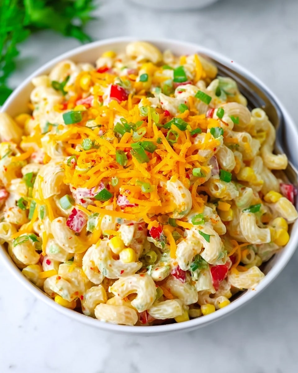 The image shows a white bowl filled with a colorful pasta salad. The salad has three main layers: the bottom layer is elbow macaroni pasta in a creamy dressing, the middle layer includes bright yellow corn kernels and small red bell pepper pieces among the pasta, and the top layer is sprinkled with shredded orange cheddar cheese, green chopped scallions, and small green parsley pieces. The white marbled surface underneath the bowl adds a clean and fresh look to the photo taken with an iphone --ar 4:5 --v 7