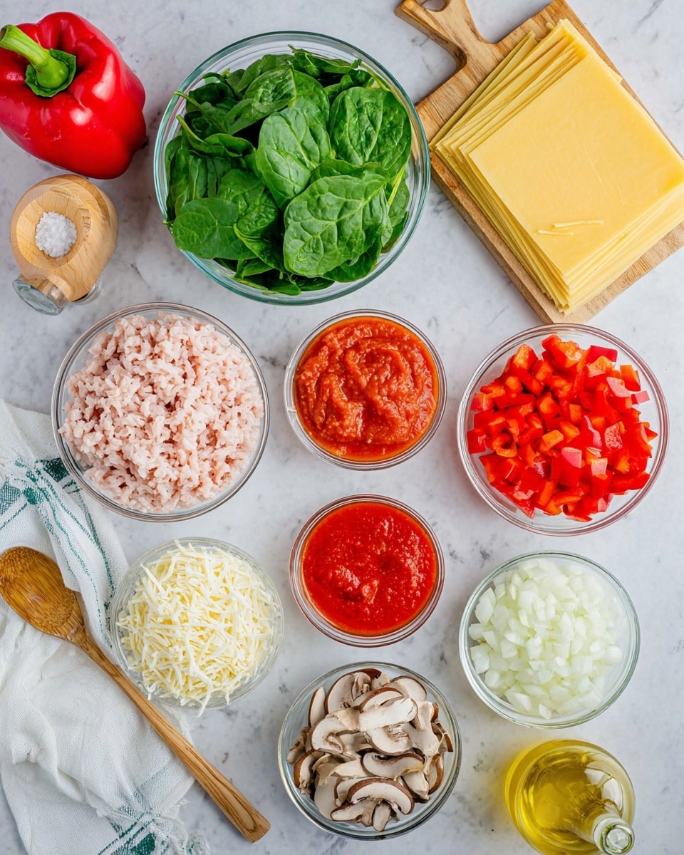 A close-up view of a square piece of lasagna on a white plate with a geometric pattern, showing multiple layers of yellow pasta sheets alternating with textures of melted cheese, red tomato sauce, cooked spinach, and mushrooms visible in the lower and middle layers. The top layer is covered with golden melted cheese and tomato sauce, garnished with small bits of green herbs. A dollop of white creamy sauce sits in the middle of the lasagna piece, sprinkled with finely chopped green herbs. In the background, there is a blurred fork and another plate. The surface is white marble. Photo taken with an iphone --ar 4:5 --v 7