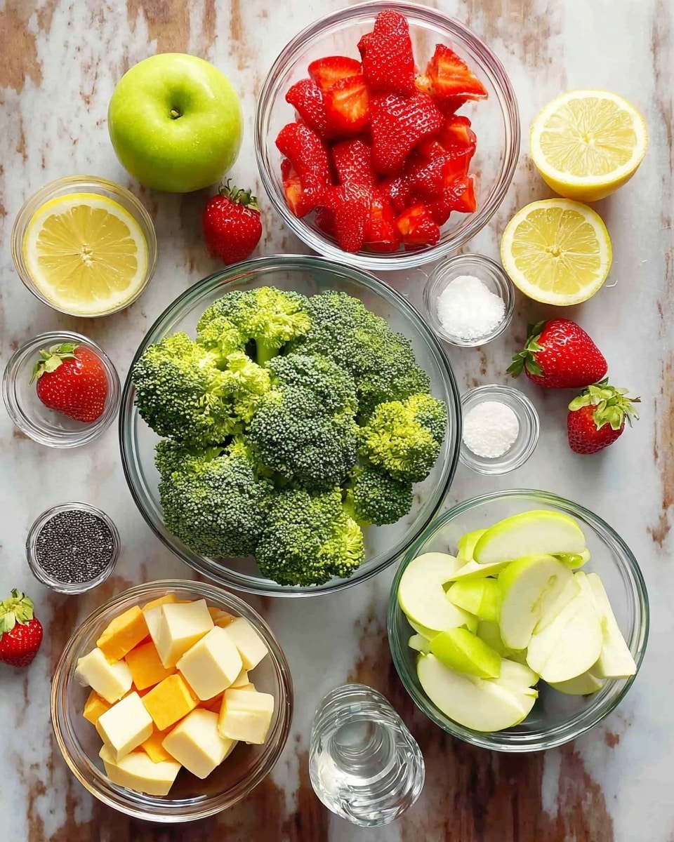 A top view of several clear glass bowls arranged on a white marbled surface, each filled with different fresh ingredients; the largest bowl in the center holds bright green broccoli florets with textured surfaces, above it a bowl filled with vibrant red sliced strawberries showing juicy flesh; near the top right is a halved lemon showing its yellow juicy interior next to a small bowl of pale almond slices; below the broccoli is a bowl with orange and white marbled cheese cubes, to the right of that a bowl of pale green apple slices neatly layered; scattered around the bowls are whole strawberries and a bright green whole apple, small bowls with coarse white salt, black poppy seeds, a clear liquid, and a small empty measuring cup complete the scene, all on the white marbled surface cloth with soft natural lighting reflecting off the glass bowls, photo taken with an iphone --ar 4:5 --v 7