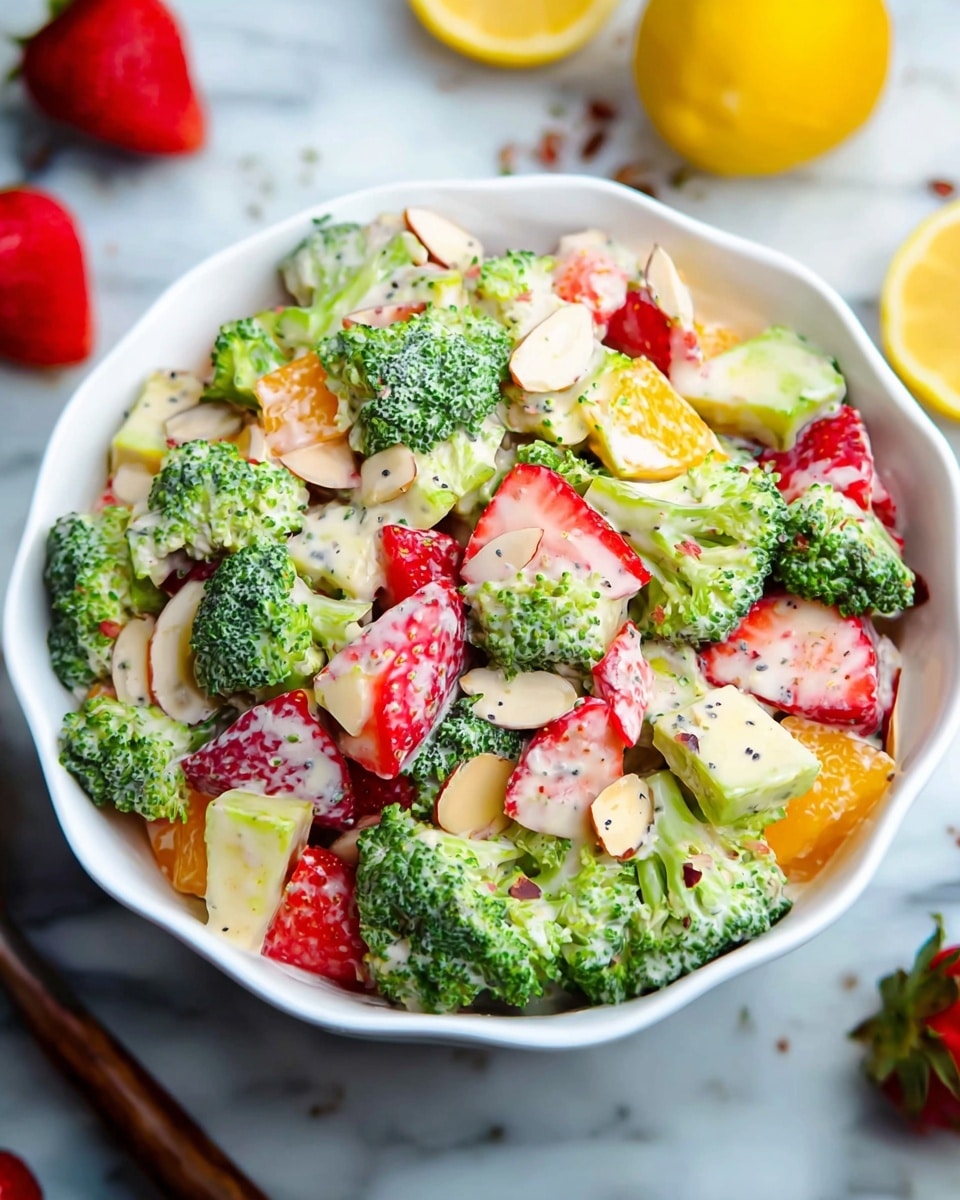 A bowl of colorful salad with three main layers: bright green broccoli florets, red strawberry slices, and orange-yellow cheese cubes, all mixed together with white dressing speckled with tiny black seeds. The salad also contains small, thin almond slices scattered throughout. The bowl is white with a scalloped edge, placed on a white marbled surface. Around the bowl, there are visible halves of lemon and some strawberry pieces. photo taken with an iphone --ar 4:5 --v 7