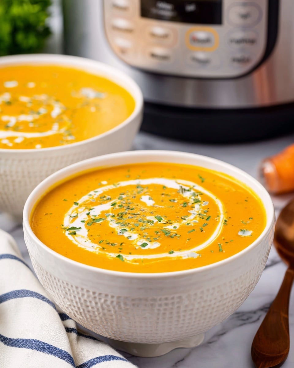 The image shows a close-up of a bowl filled with bright orange creamy soup that looks smooth and thick. There are swirls of white cream spread on top in a random, artistic pattern. Small bits of green herbs are sprinkled over the surface, adding color and texture. A copper-colored spoon is dipped into the soup near the center right of the bowl, holding some of the soup and cream mix. The bowl is white and sits on a white marbled textured surface. Another bowl of the same soup is partly visible in the background. photo taken with an iphone --ar 4:5 --v 7