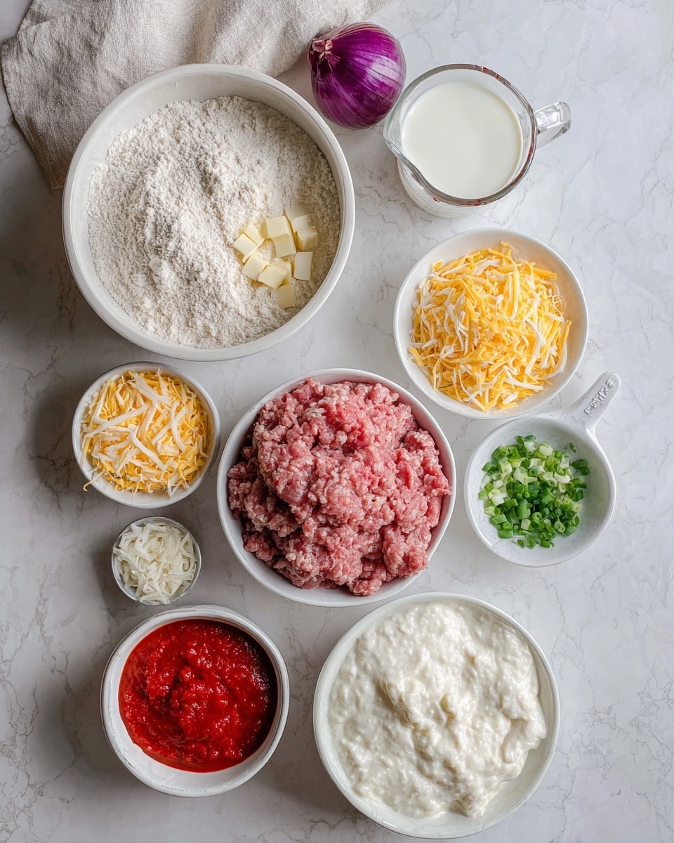 The image shows several bowls and one whole onion on a white marbled surface. At the top right, there is a bowl filled with raw ground meat showing pink and red colors with a soft, uneven texture. Below and to the left is a white bowl with a mix of white and beige creamy substances with a smooth texture. To the right of this is a white cup filled with shredded yellow and white cheese. Below that, a white measuring cup contains a white liquid, likely milk. At the bottom right, a round white bowl is filled with more shredded yellow and white cheese. On the bottom left, a white bowl contains bright red tomato sauce with visible chunks. Above it, there is a whole purple onion with a papery outer layer. Near the top left, a small white scalloped bowl holds chopped green onions with a fresh, crisp texture. The overall setup is neat and organized, photographed on a white marbled surface. Photo taken with an iphone --ar 4:5 --v 7