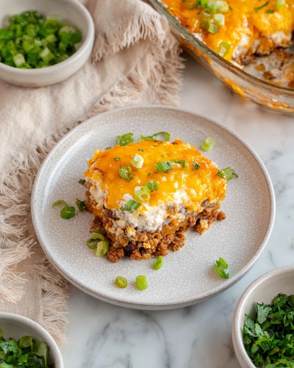 The dish shows a single serving of baked casserole on a white decorative plate with rounded raised patterns around the edge. The casserole has three visible layers: at the bottom, a browned ground meat layer mixed with small pieces of onion and a slightly saucy texture; in the middle, a creamy white layer, likely sour cream or a similar dairy; on top, a melted, bubbly layer of golden yellow cheddar cheese with small browned spots. Small bright green chopped scallions are sprinkled over the top and around the plate. The plate rests on a white marbled surface with indirect natural light highlighting the textures. Nearby are two white bowls with fresh green herbs, and in the top right corner, part of the glass baking dish with more casserole can be seen. photo taken with an iphone --ar 4:5 --v 7